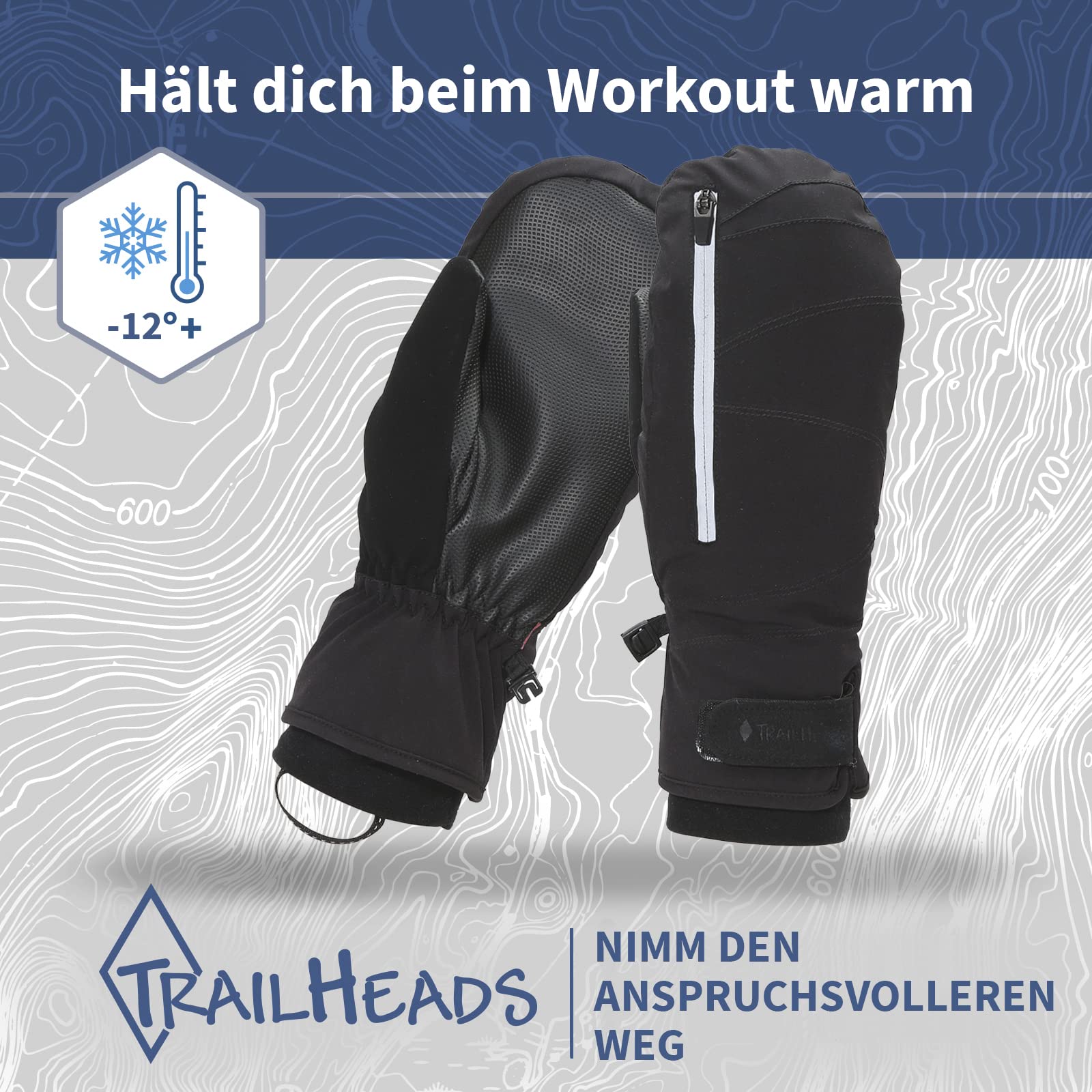 TrailHeads Konvertible Fäustlinge Damen Mit Reißverschluss für den Winter | Laufhandschuhe | Thermohandschuhe | Outdoor Handschuhe - Schwarz