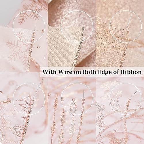 Miniatura 8 de HUIHUANG Cinta de Navidad con alambre de 2.5 pulgadas, cinta de oro rosa para árbol de Navidad, cintas rosadas para envolver regalos, decoraciones