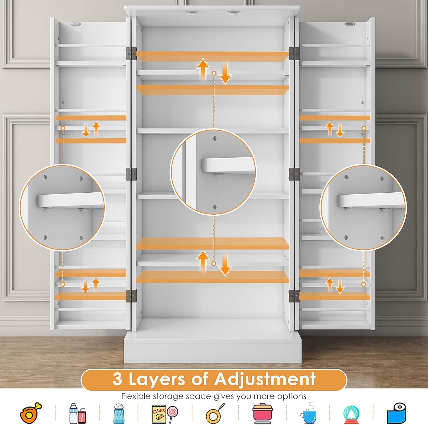 47” Kitchen Pantry Cabinets, Freestanding Kitchen Pantry Storage Cabinet with Doors and Adjustable Shelves, Buffet Cupboards Storage Cabinet for Home Office Use, White