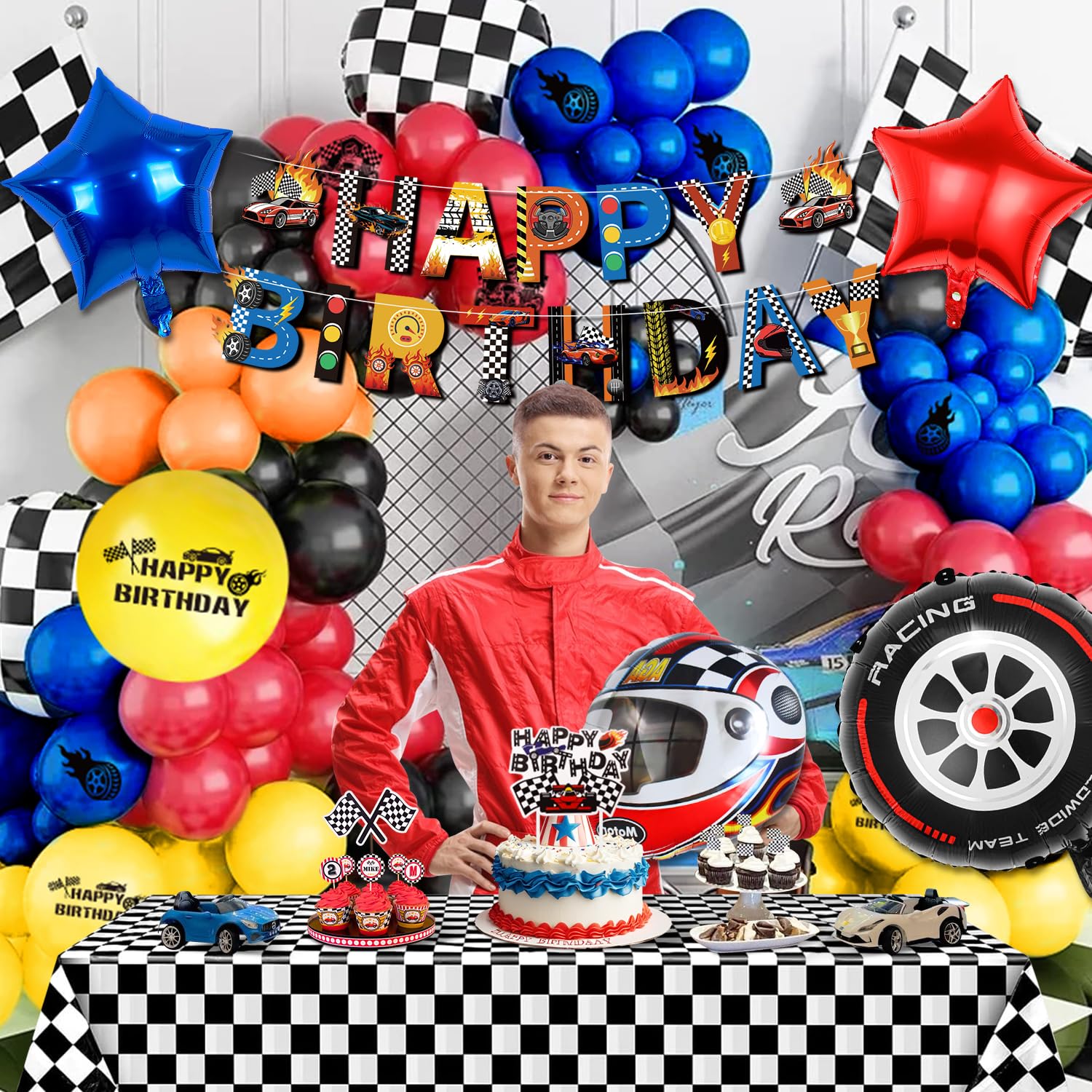 Globos de Cumpleaños Niño, Kit Decoración Coche, Azul Rojo, Feliz Cumpleaños, Decoración Infantil Coches 5-18 Años