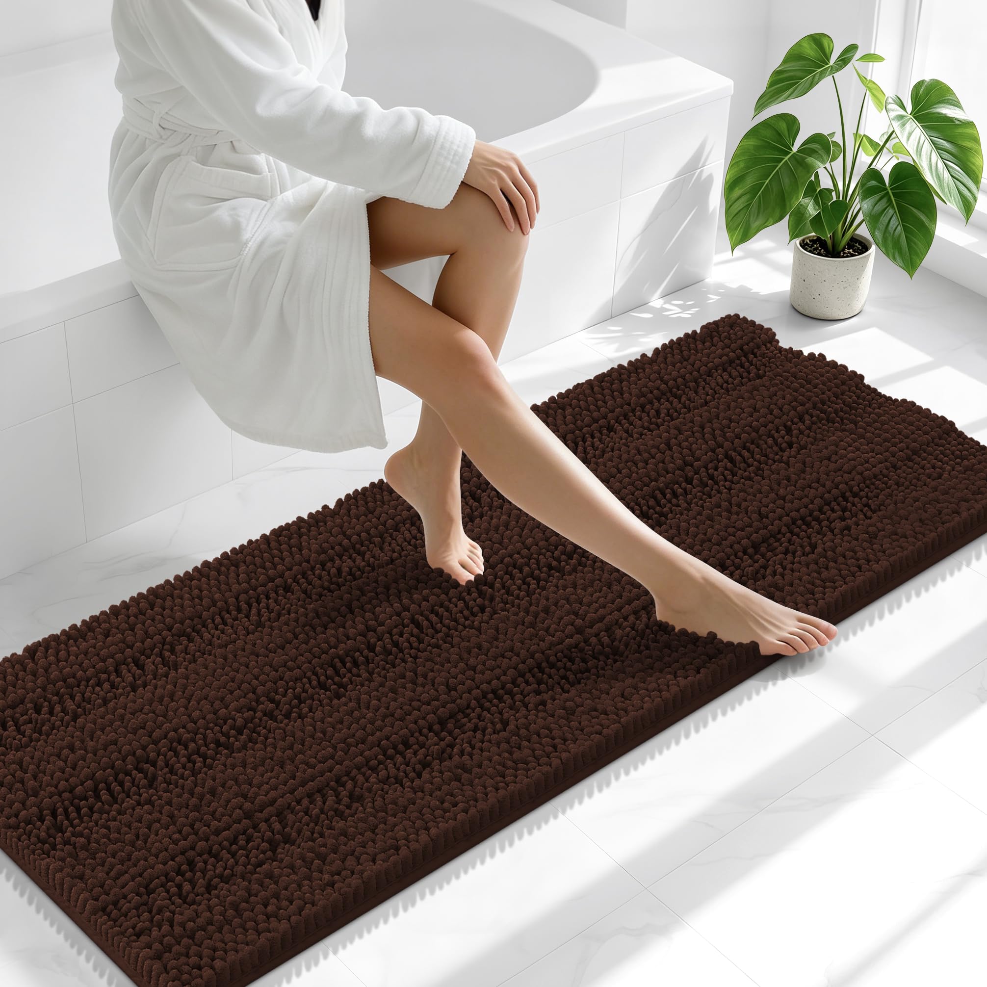Smiry Thick Chenille Bathroom Runner Rugs 59x20, Absorbent Bath Mat, Brown
