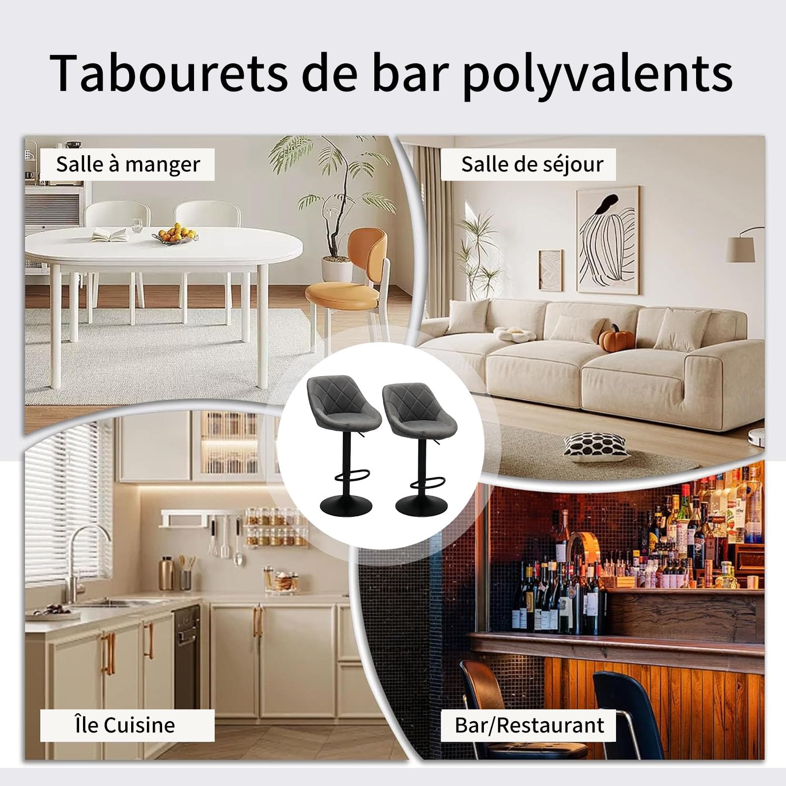 Tabouret de Bar Lot de 4 en Velours Chaise Haute Bar Cuisine Siège pivotant à 360° Réglable en Hauteur Confortable avec Dossier et Repose-Pieds Max.136 kg pour Cuisine Salon Salle à Manger, Noir
