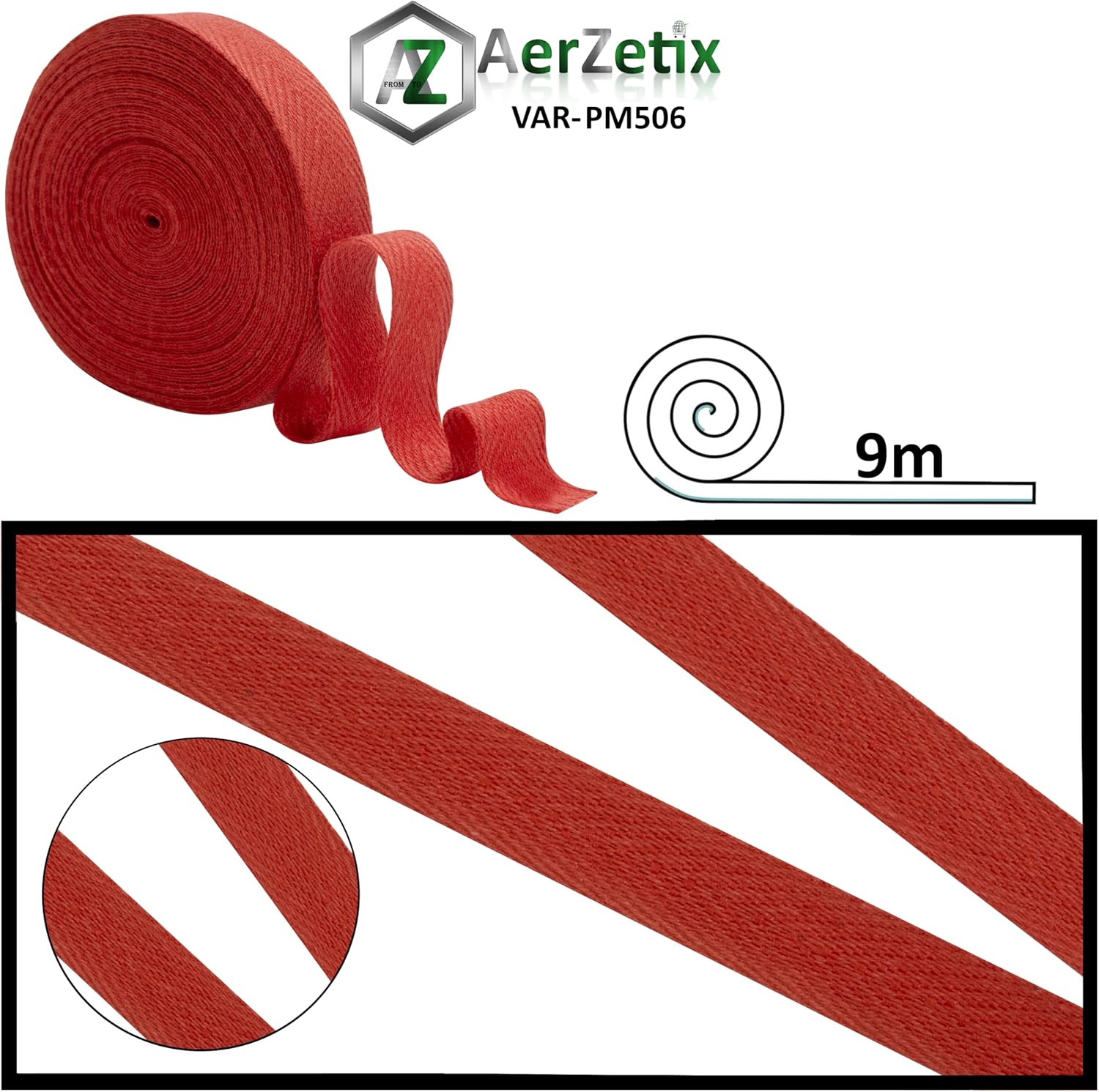 AERZETIX - C77606 - Herringbone twill ribbon 9 m x 10 mm - 76% cotton and 24% polyester - color red