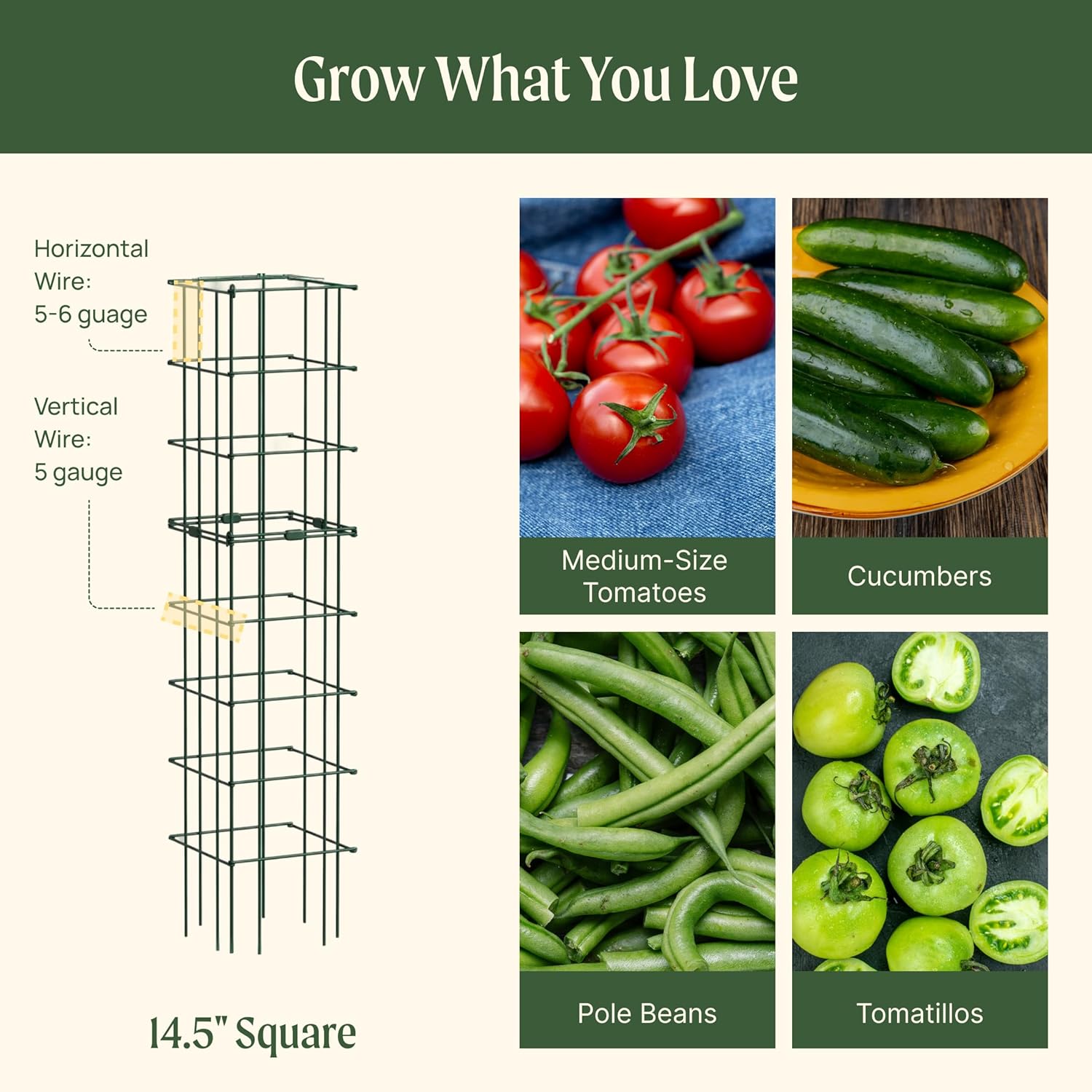 Vego Garden 3 Pack Tomato Cage 14.5"x 58" Square for Garden & Pots, Rust-Resistant Tomato Stackable Heavy Gauge Plant Cage Trellis Support for Climbing Vegetables Plants