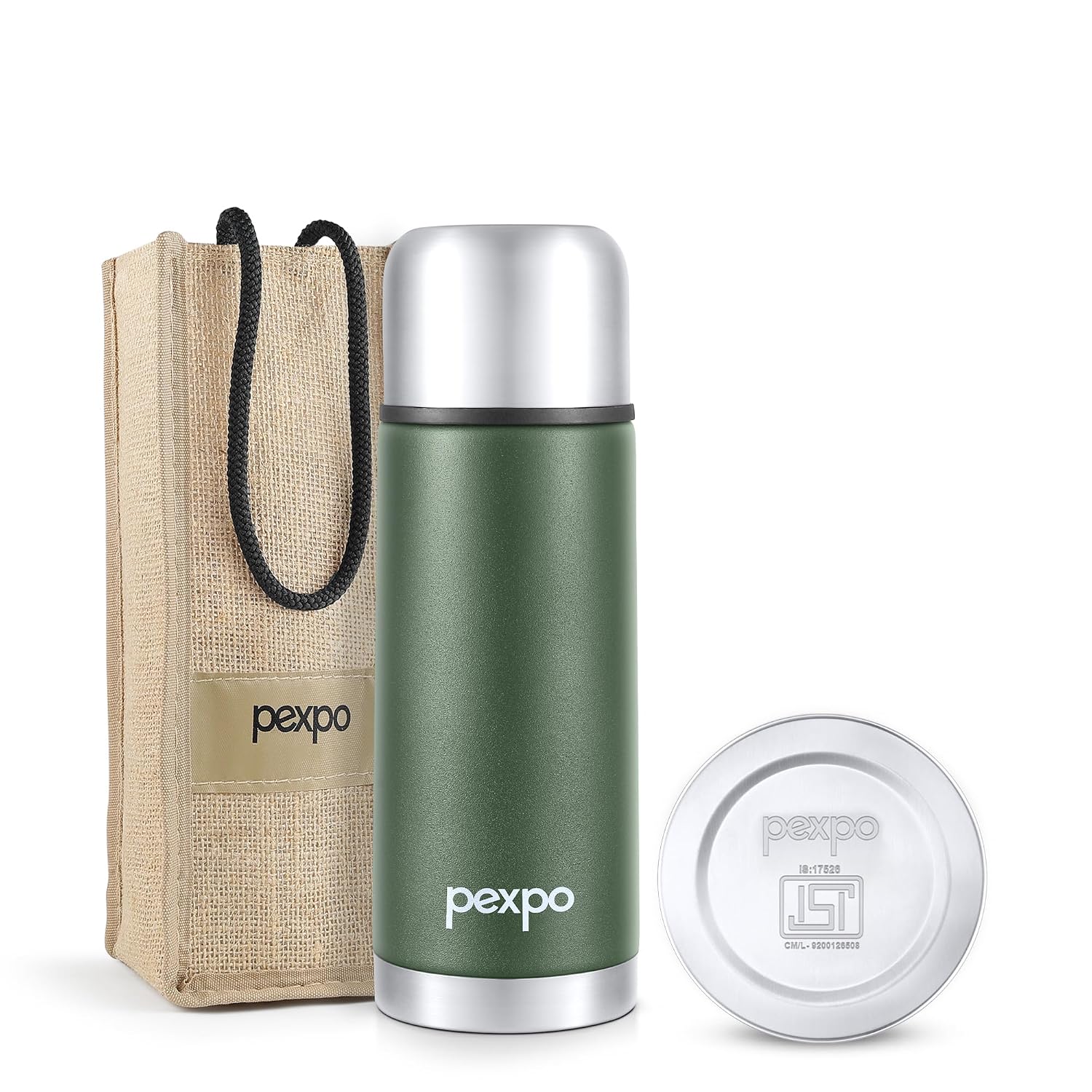 PEXPO Stainless Steel Water Bottle 750ml, ISI Certified, Hot & Cold Flask with Jute Bag | Leak Proof| 2 Year Warranty | for School, Office, Travel & Picnic | Flamingo | Military Green