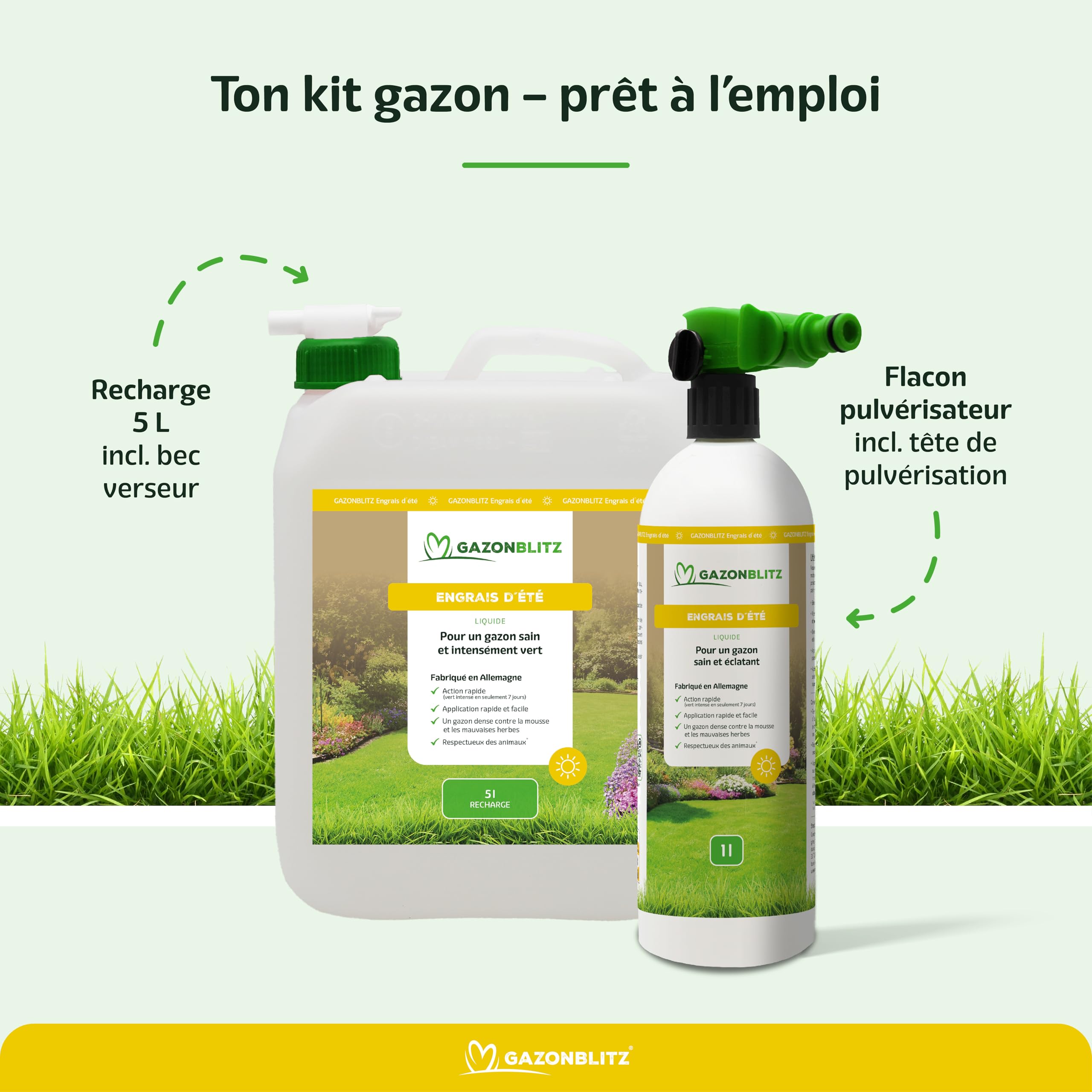 GAZONBLITZ Engrais d'été liquide 5 L pour gazon vigoureux avec vaporisateur