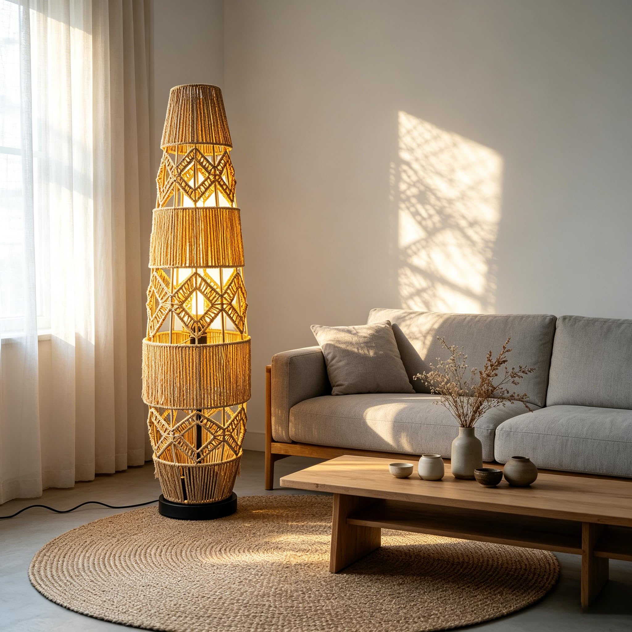 Stehleuchte Handgewebte Rattan Stehlampe 93.5 cm: Boho Standleuchte mit Schirm und Fußschalter, 3 wählbare Farbtemperaturen, Für Wohnzimmer, Esszimmer und Schlafzimmer