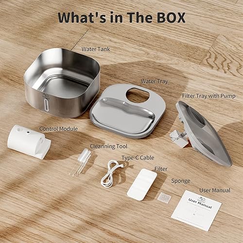 Miniatura 9 de Fuente de agua inalámbrica para gatos de acero inoxidable fuente de agua de 108 oz3.2L para gatos y perros en interiores, fuente de agua para