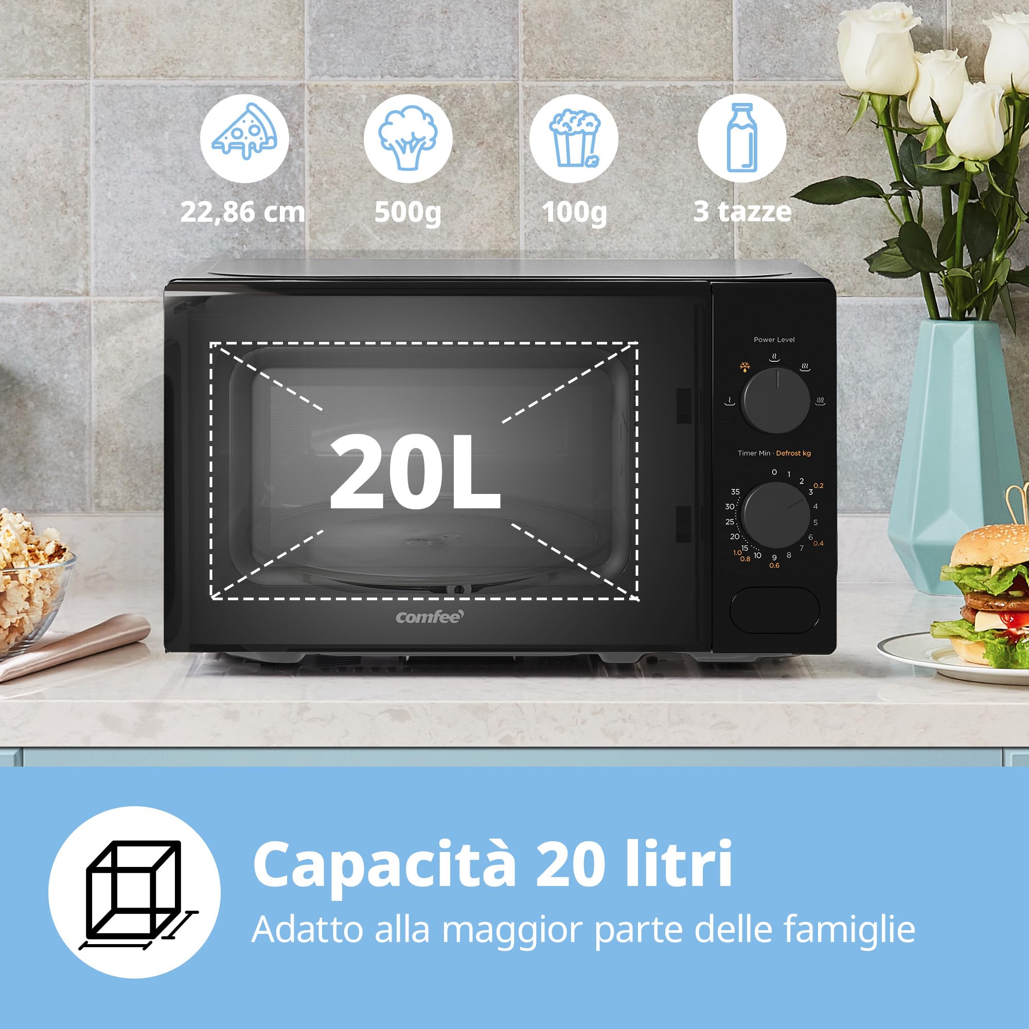 COMFEE' Forno a Microonde Nero, 20 Litri, 700 W, 5 Livelli di Potenza, Funzione di Scongelamento Rapido, Timer Manuale, Design Compatto-CM-M202CC(BK)