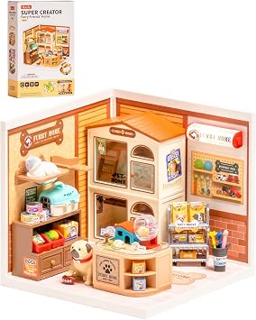 Rolife Super Creator Furry Friends Home DIY Miniature House Kit, Snap-Fit Plastic 3D Puzzle No Glue Needed, Stackable Pet Store Room Decor Gift for Adults & Teens, 89 PCS
