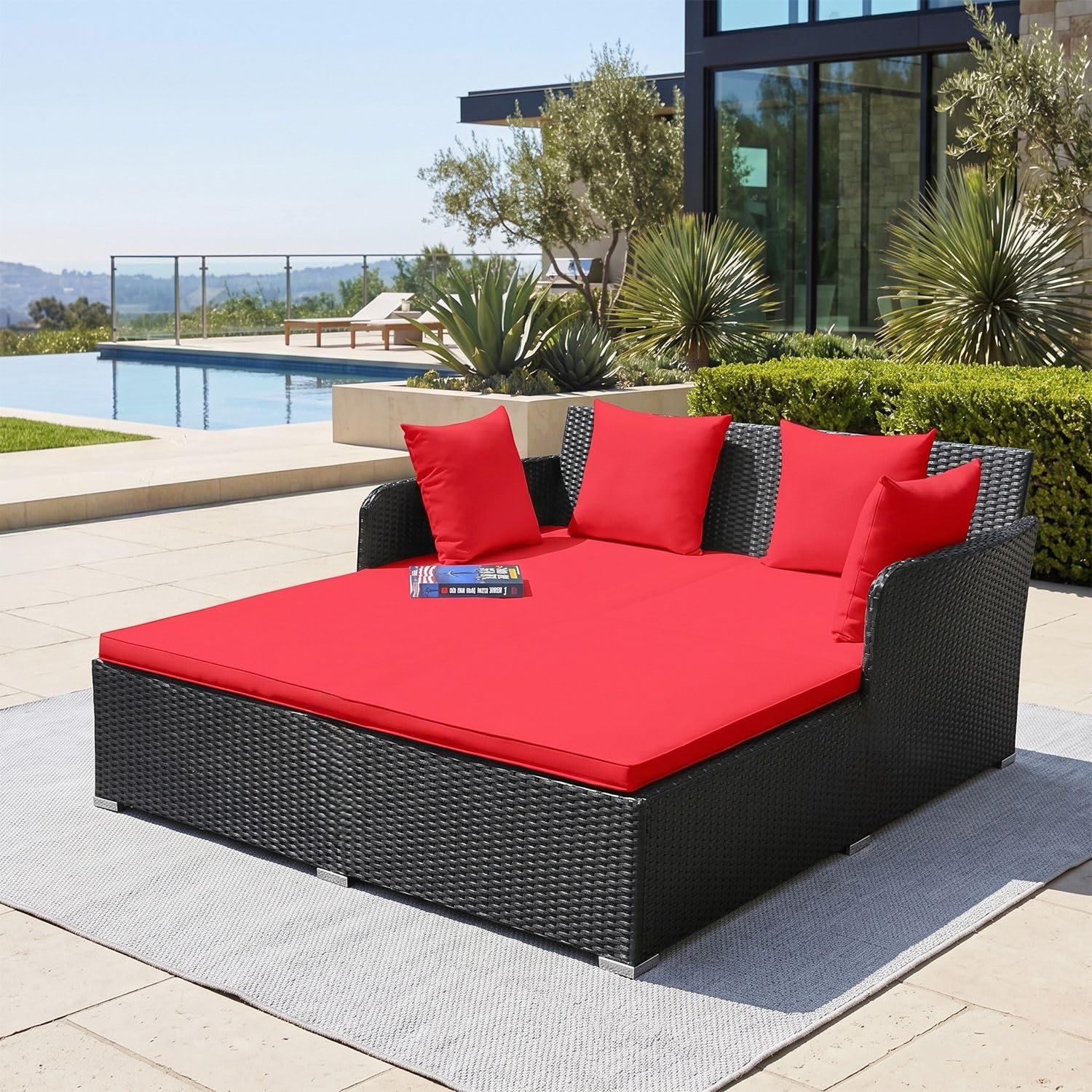 DEVOKO Outdoor Daybed Patio Loveseat Sofa for Terrace Gardan Porch with Padded Cushion & and Sturdy Foot Rest (Black & Red)