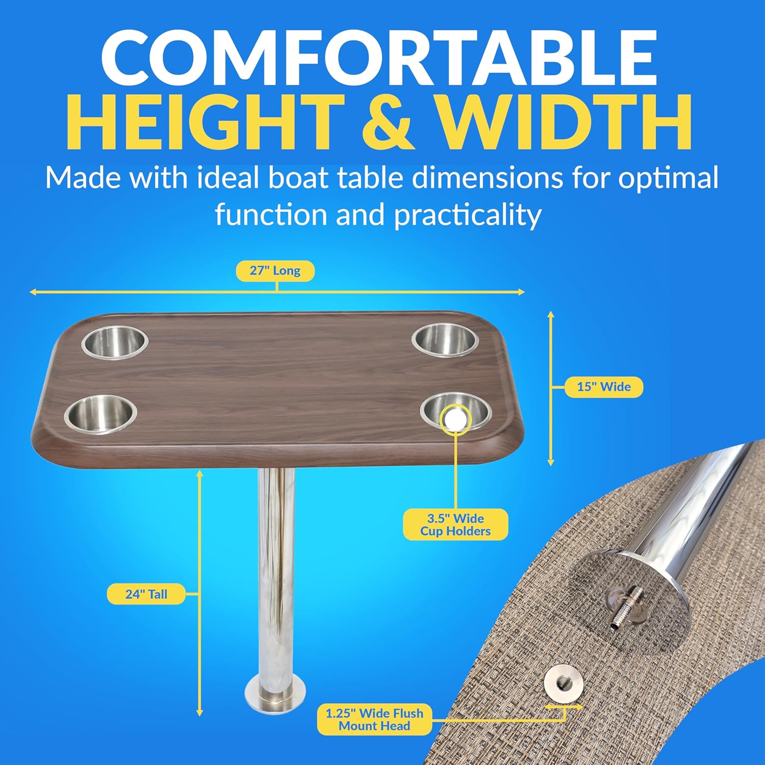 Black Walnut Pontoon Boat Table Top & Post - No-Wobble Pontoon Table with Flush Mount Anchor & Stabilizing Floor Plate - Easy-to-Install, Compact Design with Modular Accessory Mount - in 6 Colors