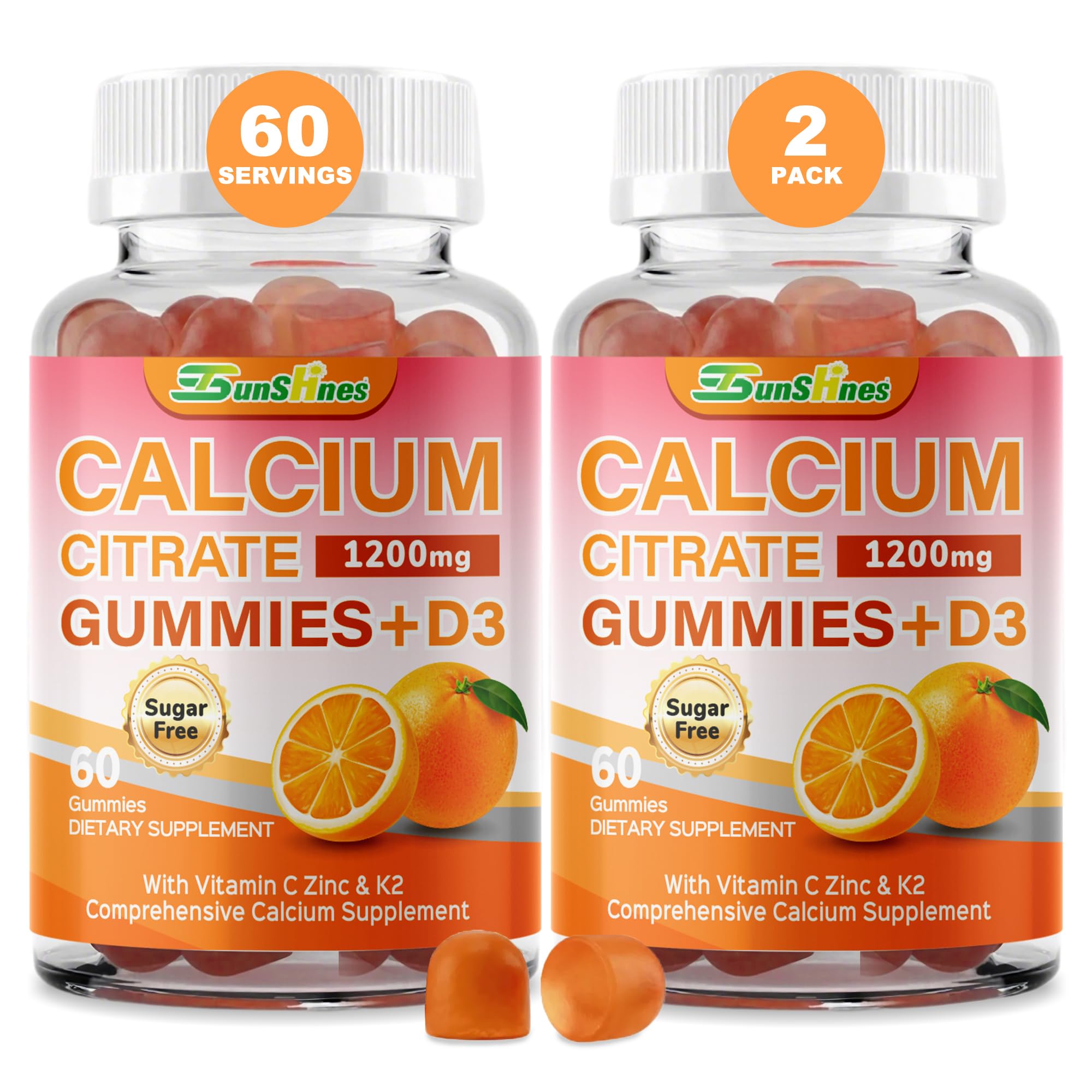 Calcium Citrate Gummies 1200mg,Bone ＆ Immune Support for Women Men 60 Count (Pack of 2)