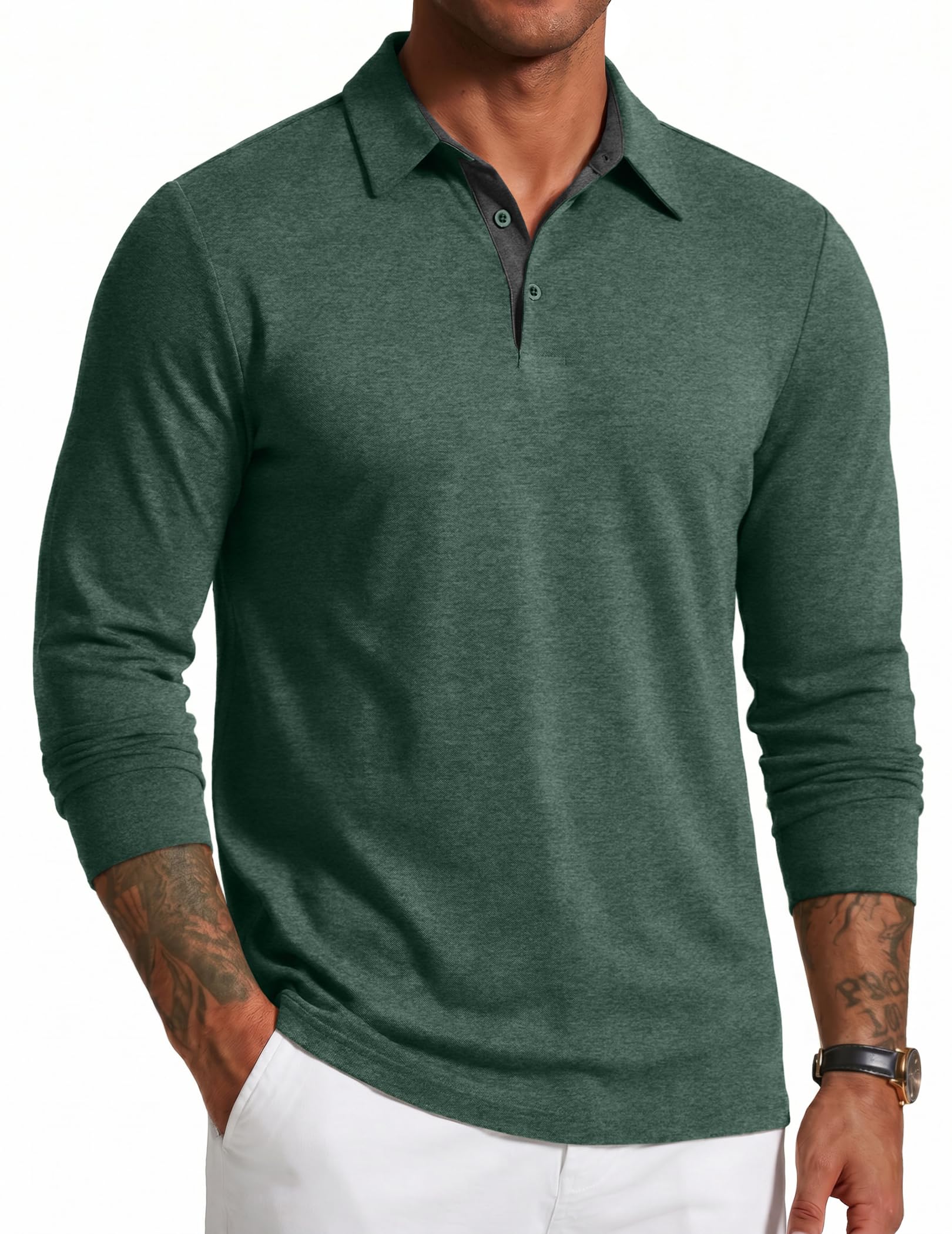 Mens Long Sleeve Polo Shirts Button Casual Tee Collared Work Pullover Shirts