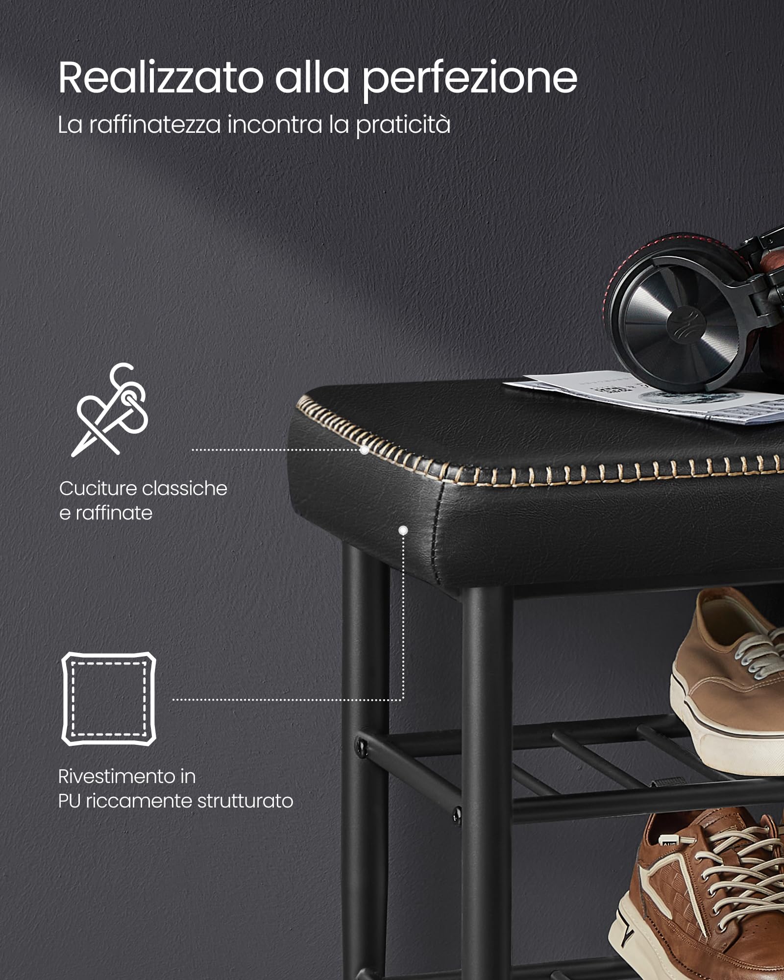 VASAGLE EKHO Collezione - Panca Scarpiera, Panca da Ingresso e Camera da Letto, Rivestimento in PU con Cuciture, Moderno di MetàSecolo, Portata 135 kg, 30 x 80 x 50 cm, Nero Inchiostro LSB054B01