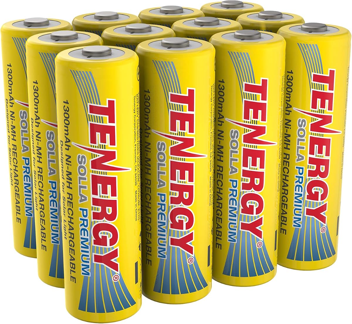 Tenergy Solla Premium Batería recargable NiMH AA, baterías solares de 1300 mAh para luces solares de jardín, antifugas, durabilidad al aire libre, más de 5 años de rendimiento, certificado UL, precargado, paquete de 12