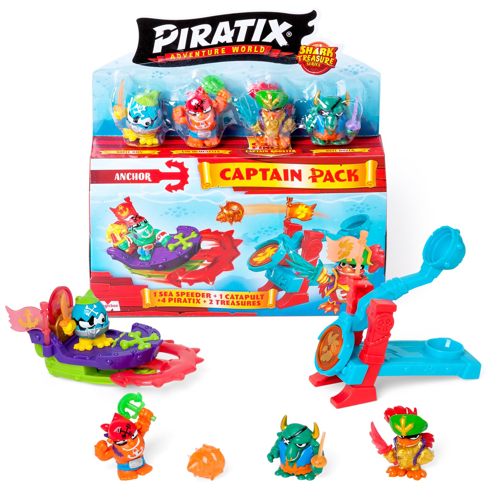 PIRATIX Shark Treasure Series –Captain Pack Rooster.Includes 4 Piratix (1 golden captain), 4 “crystal” accessories,Sea Speeder, Catapult, 2 exclusive flags and 2 treasure with crystal effect. Pack 5/6