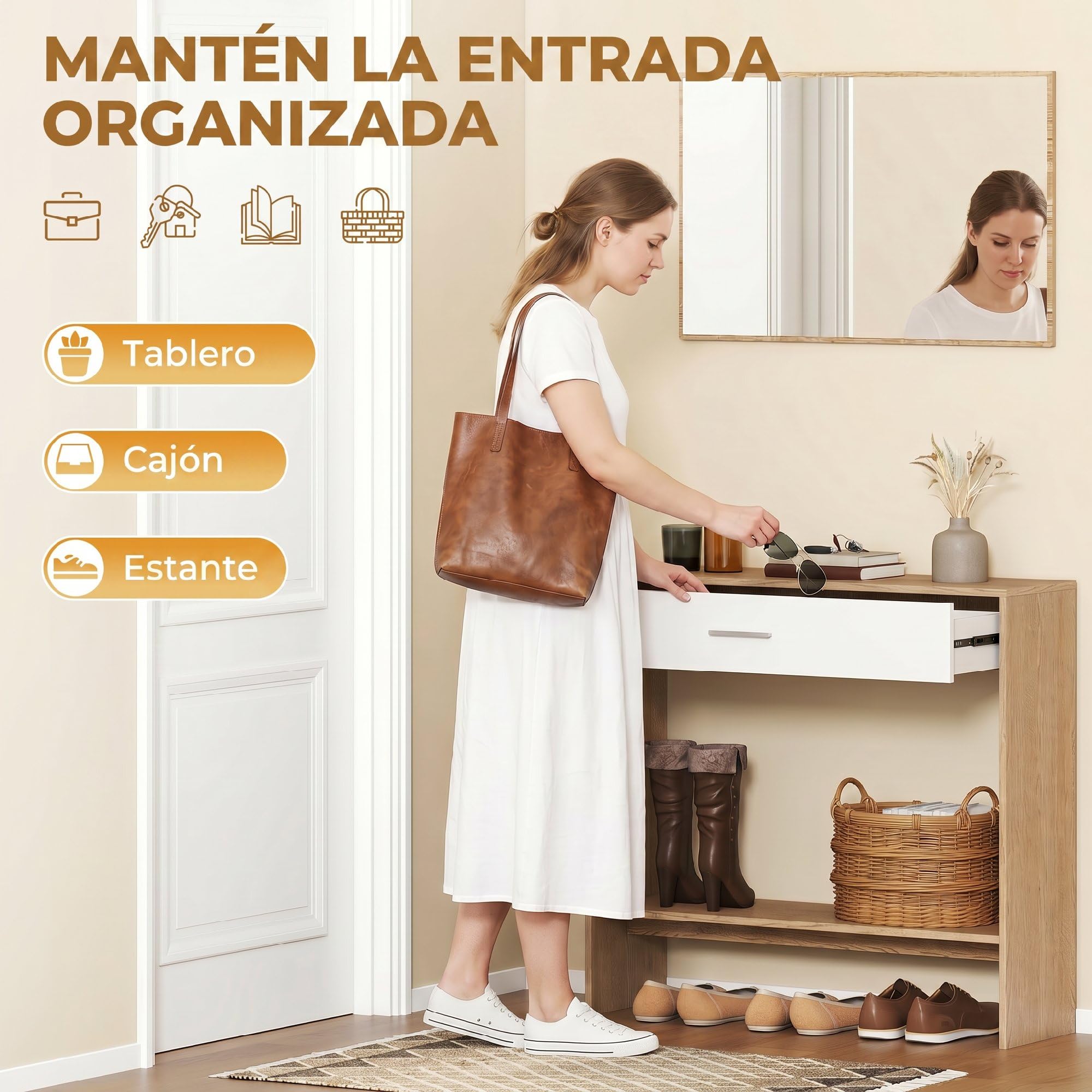 HOMCOM Recibidor de Entrada con Espejo, Cajón y Estante, Mueble de Recibidor de 2 Piezas con Mesa Consola y Espejo, Diseño Antivuelco, para Pasillo, 91,5x27,9x85,5 cm, Roble