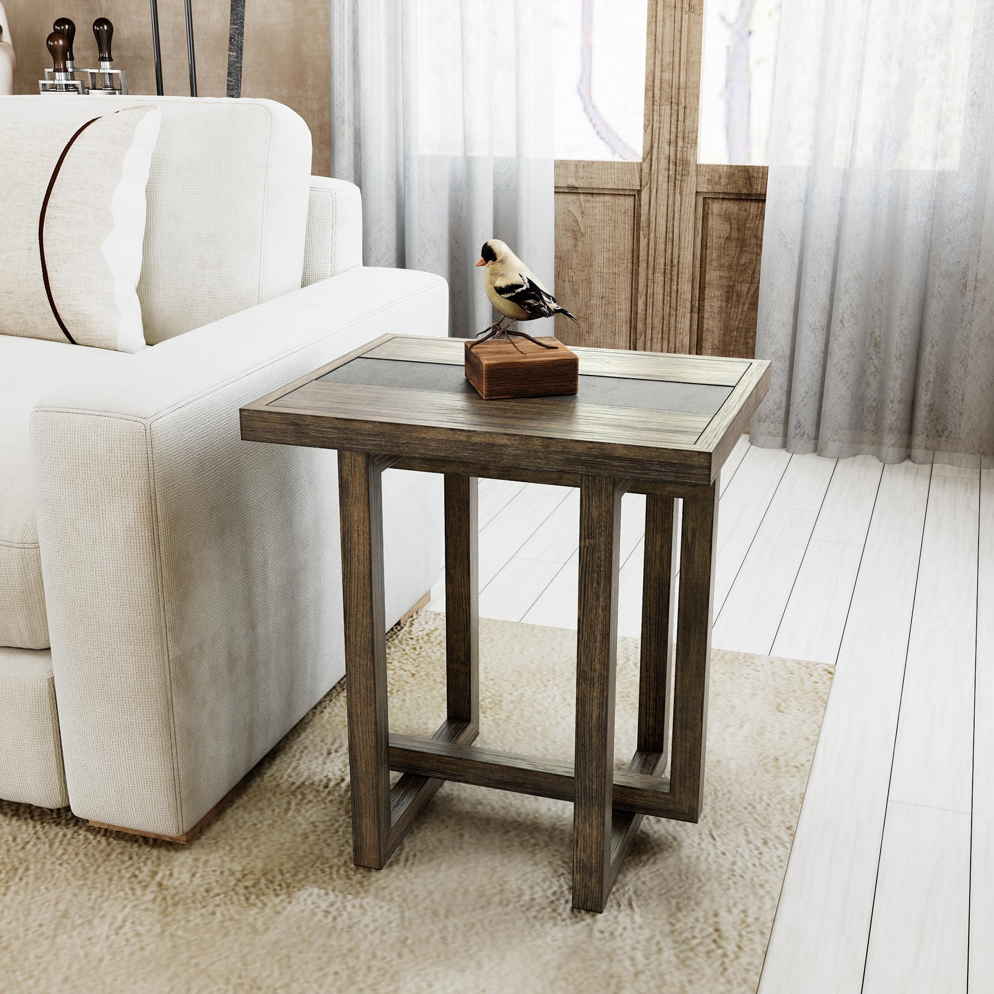 Mid Century Wood End Table with Inset Sintered Stone Top, Modern Accent Sofa Side Table with Storage, 2-Tier Solid Wood Rectangle Nightstand for Living Room Apartment