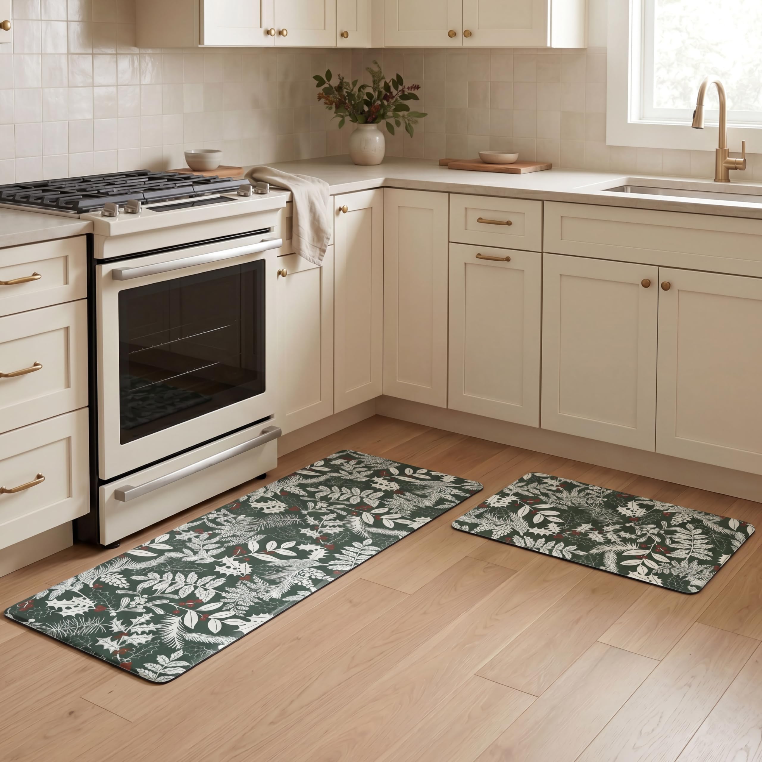 Laura Ashley Christmas Holly Leaves 2-Piece Anti Fatigue Kitchen Mat Set, Non Slip Cushioned Comfort Floor Mat, 17.5"x60"/17.5"x28", Green