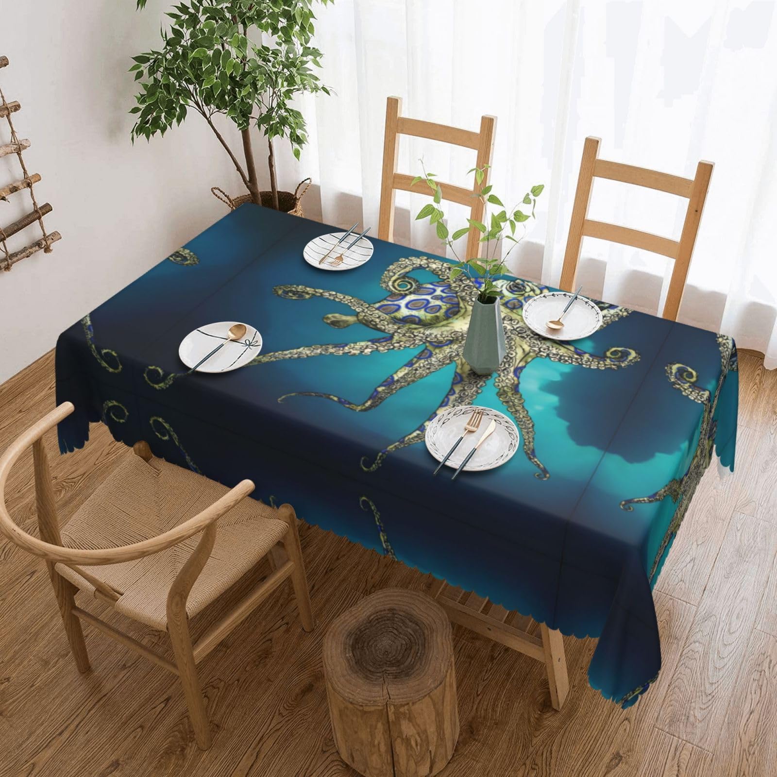 QAZWZML Blue Ringed Octopus Printed tablecloth, made of thick polyester with lace trim, suitable for dining rooms, picnics, and weddings