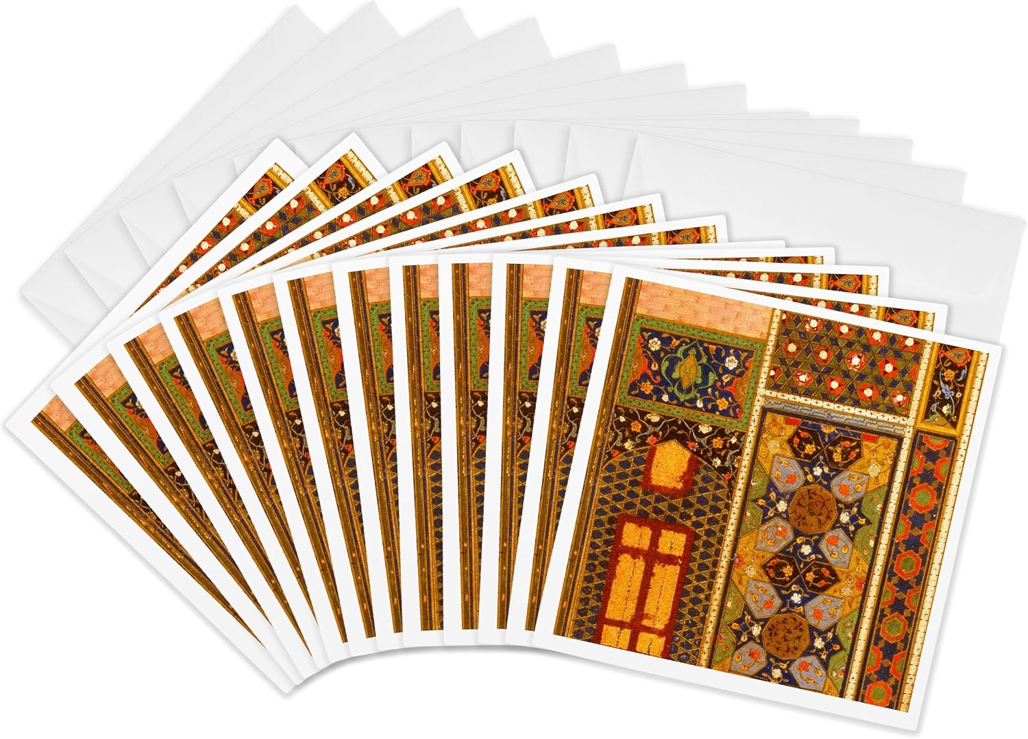 3dRose Arabian style multicolor abstract pattern colorful Turkish Moroccan Islamic Islam Muslim vintage art 12 Greeting Cards with envelopes