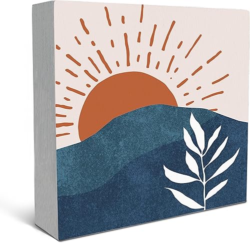 SRADMO Caja de madera abstracta con hojas botánicas de sol y sol, sol, azul marino, montaña, caja de madera, decoración de escritorio, caja de