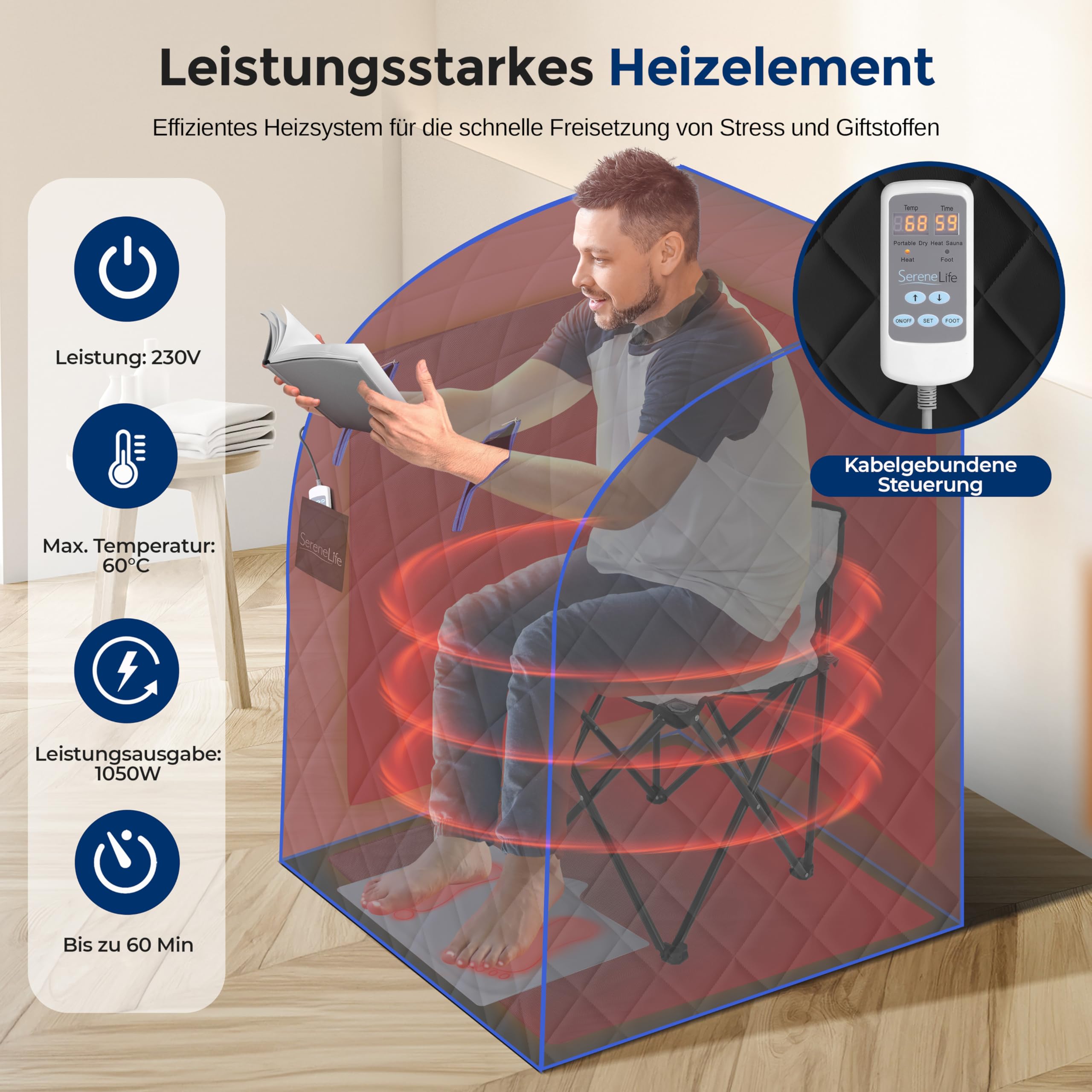 SereneLife Dampfsauna Zelt Schwarz 84×80×103 cm – Tragbare Heimsauna mit Stuhl und Heizmatte Faltbare Mini Sauna - Mobile Dampfbad Kabine bis 60 °C, Carbon-Heizelement und Fernbedienung