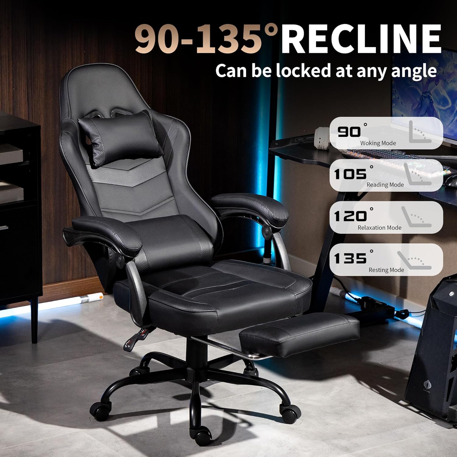 Gaming Chair with Footrest for Adults - Ergonomic Gaming Chairs with Foot Rest - Big and Tall Computer Game Chair - PU Leather Reclining Video Game Chairs with Spring Cushion - Black - Image 7