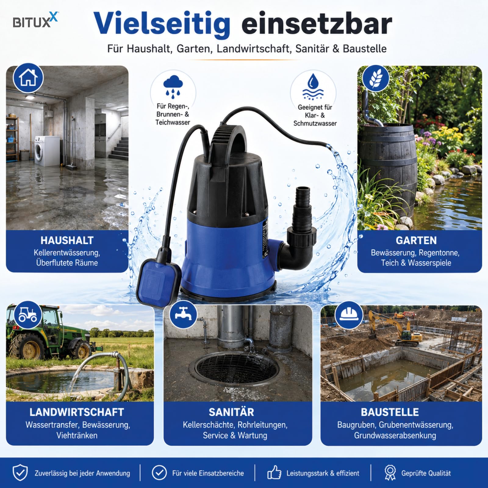 BITUXX® Flachsaugende 400W Schmutzwasser Tauchpumpe für Brunnen Zisterne Bewässern Garten Regentonne Bis 5000 Liter/h 1,0-1,5 Zoll Förderhöhe 7 Meter