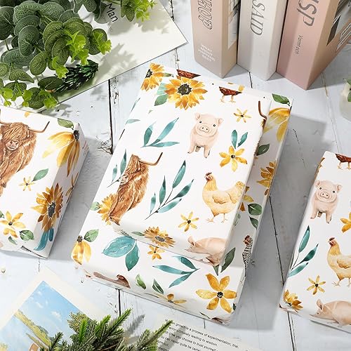 Miniatura 5 de JarThenaAMCS 6 hojas de papel de regalo de girasol de vaca de las tierras altas, no enrollable, papel de arte decorativo plegado plano para