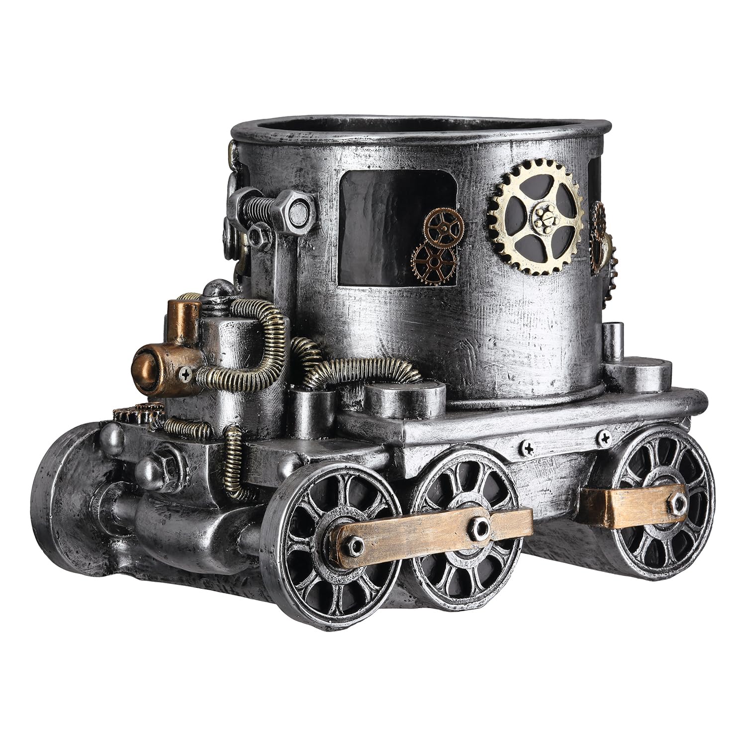 GILDE Steampunk Engine Planter - Locomotive - Resin - Gears Motif - Antique Finish - Silver - Height 20 cm x Width 26 cm