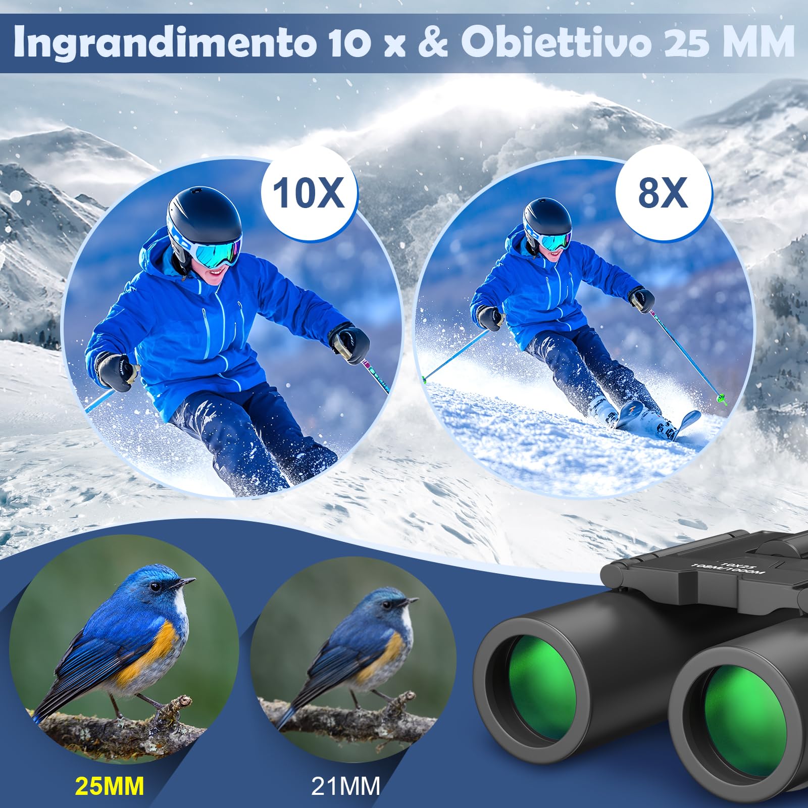 Binocolo 10x25 per bambini adulto, piccolo compatto leggero mini tascabile binocolo per bird watching, viaggi, osservazione delle stelle, caccia, campeggio, concerti, teatro, sportivo, opera
