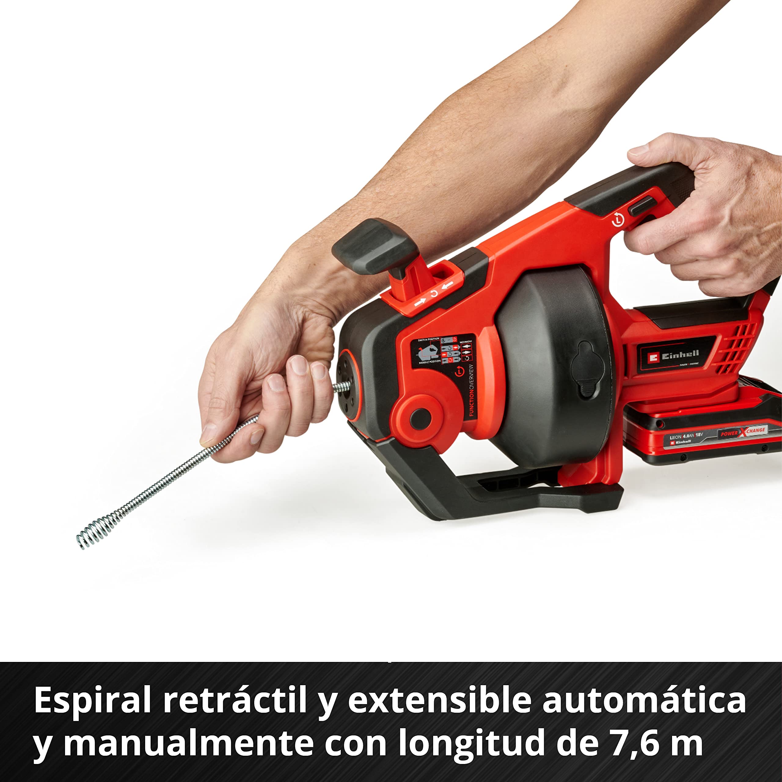 Einhell Limpiador de tubos con batería TE-DA 18/760 Li-Solo PXC (18 V, iones de Li, espiral de limpieza de 7,6 m, adecuado para diámetro de tubo de 16-55 mm, envío sin batería ni cargador)