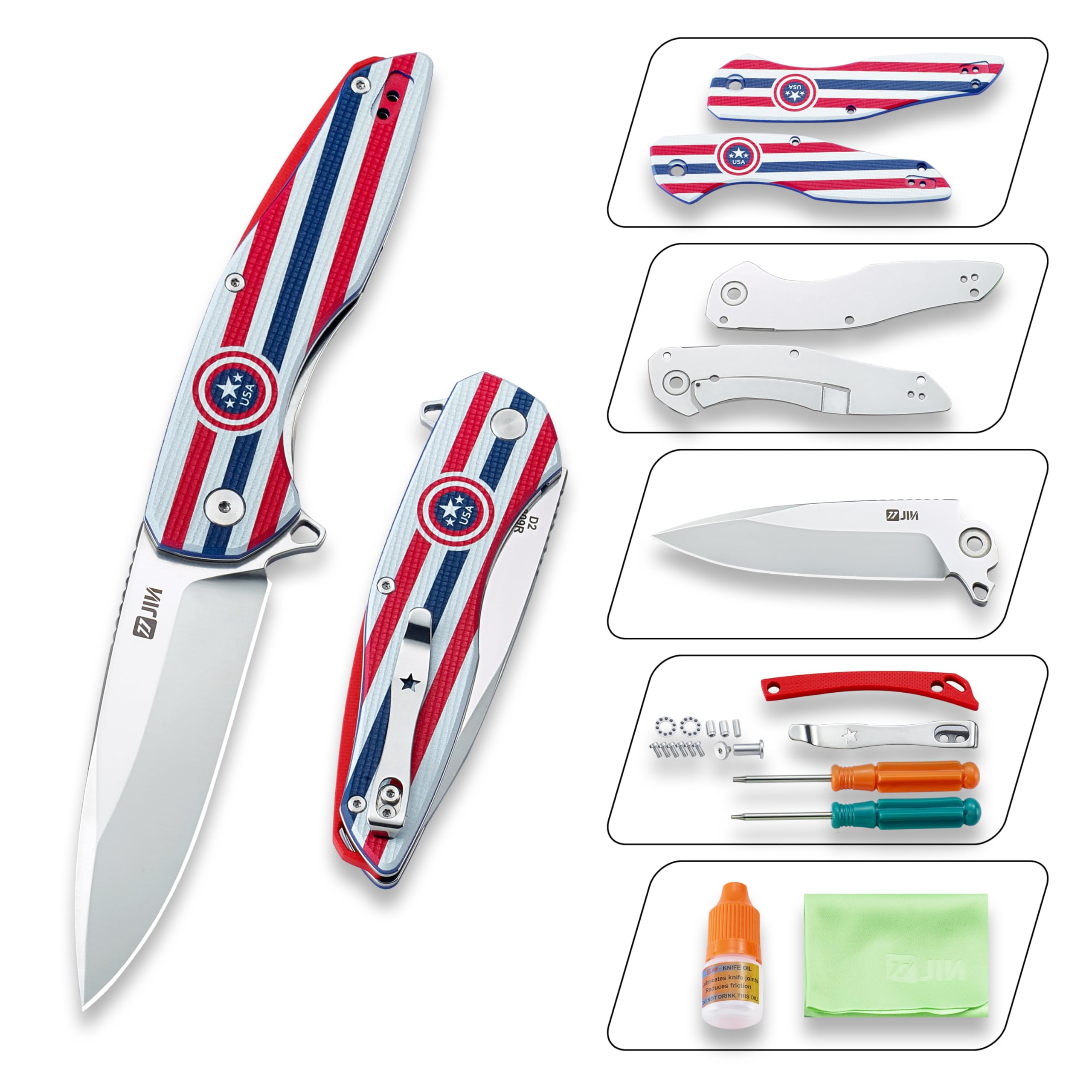 JIN Pocket Knife for Men, Folding Knife EDC, Captain Pocket Knives with Clip, Sharp 3.5" D2 Blade, G10 Handle, DIY Kit, Gift for Men Women, Camping,
