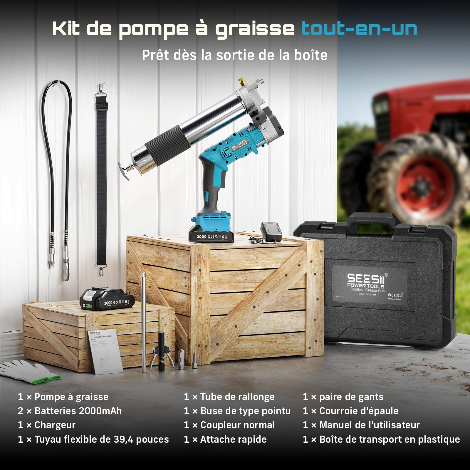 Seesii Pompe à Graisse Innovante 2 en 1: Pompe a Graisse Electrique à Haut Rendement de 5,3 oz/Min 12000 PSI avec 2 * Batteries 2,0Ah et Chargeur, Pistolet à Graisse Facile à Utiliser