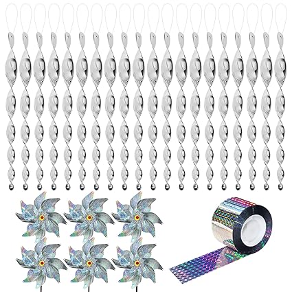 CIEOVO Bird Deterrent Devices Outdoor Set, 20 Bird Reflectors Rods 6 Reflective Pinwheels with Stakes and 1 Bird Scare Tape to Keeping Birds Away from Yard