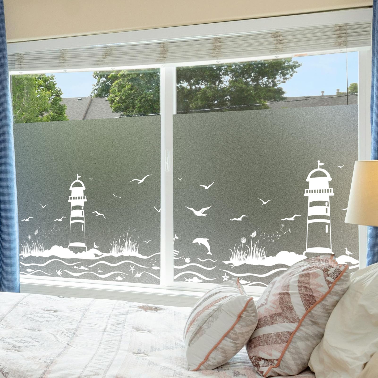 dktie Film opaque pour fenêtre - Blanc (phare et océan 02 version agrandie, 90 x 200 cm)