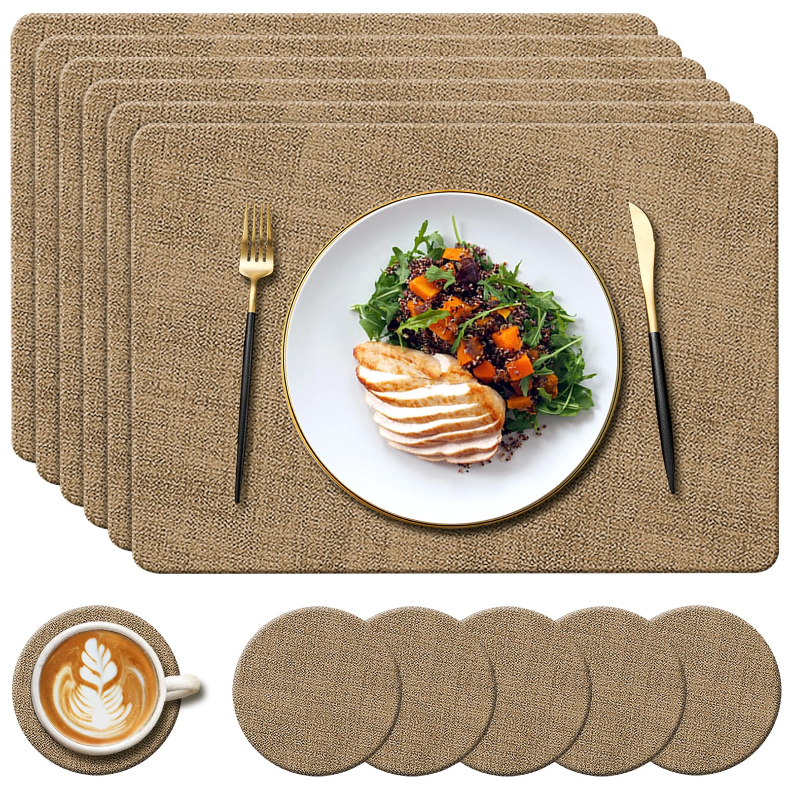YUNJUER Leather Placemats and Coasters Set, Heat-Resistant 212°F, Non-Slip and Waterproof