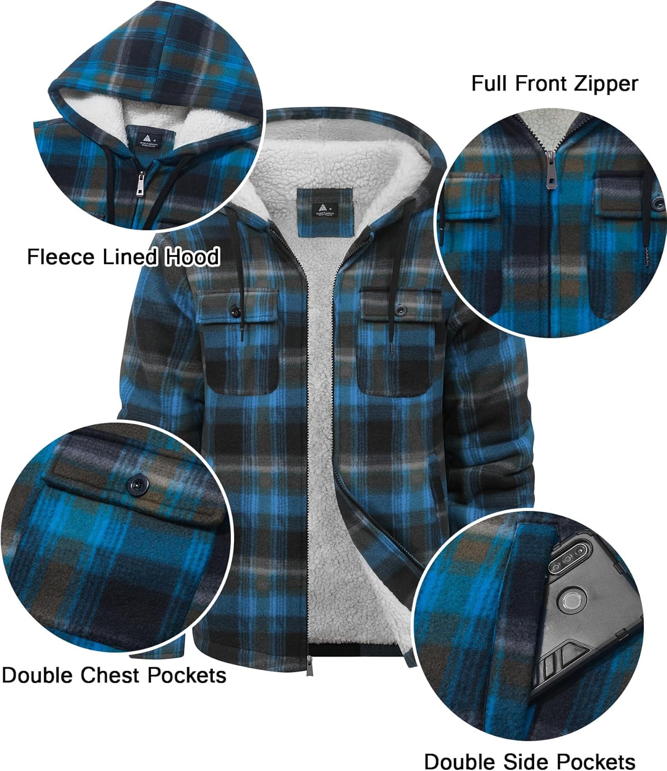 Little Beauty Men's Flannel Shirt Jacket Zip Up Fleece Plaid Jackets with Pokect Winter Warm Sherpa Lined Coat Hoodie - Image 4