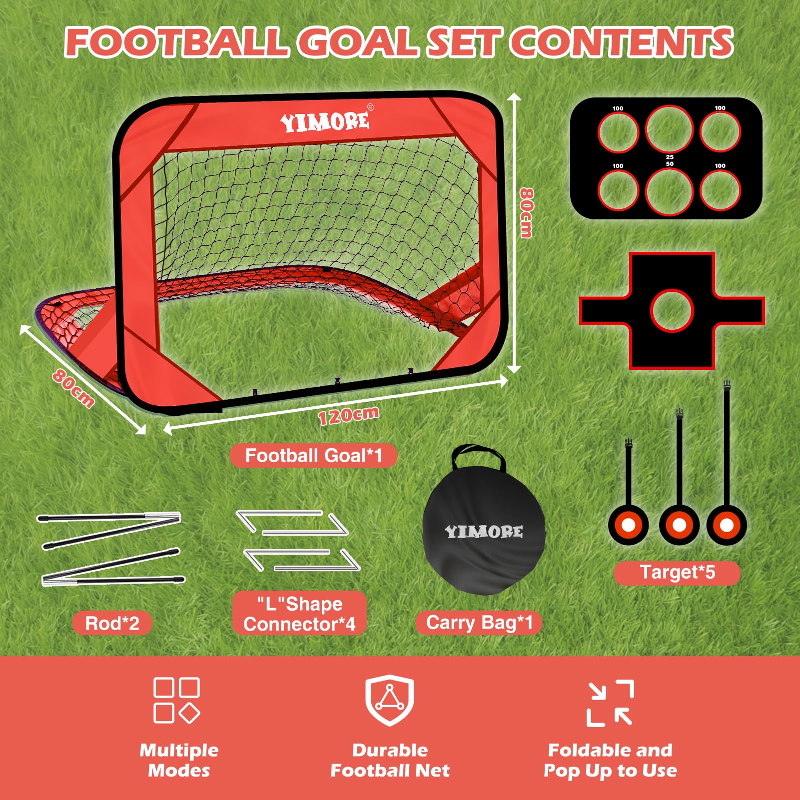 YIMORE Cage de Foot Enfant Exterieur, Pliable But de Foot Enfant avec Sac Porté, 4 Modes Cage de Foot Pop-up 120 x 80 x 80 cm, pour Jardin, la Cour, Plage