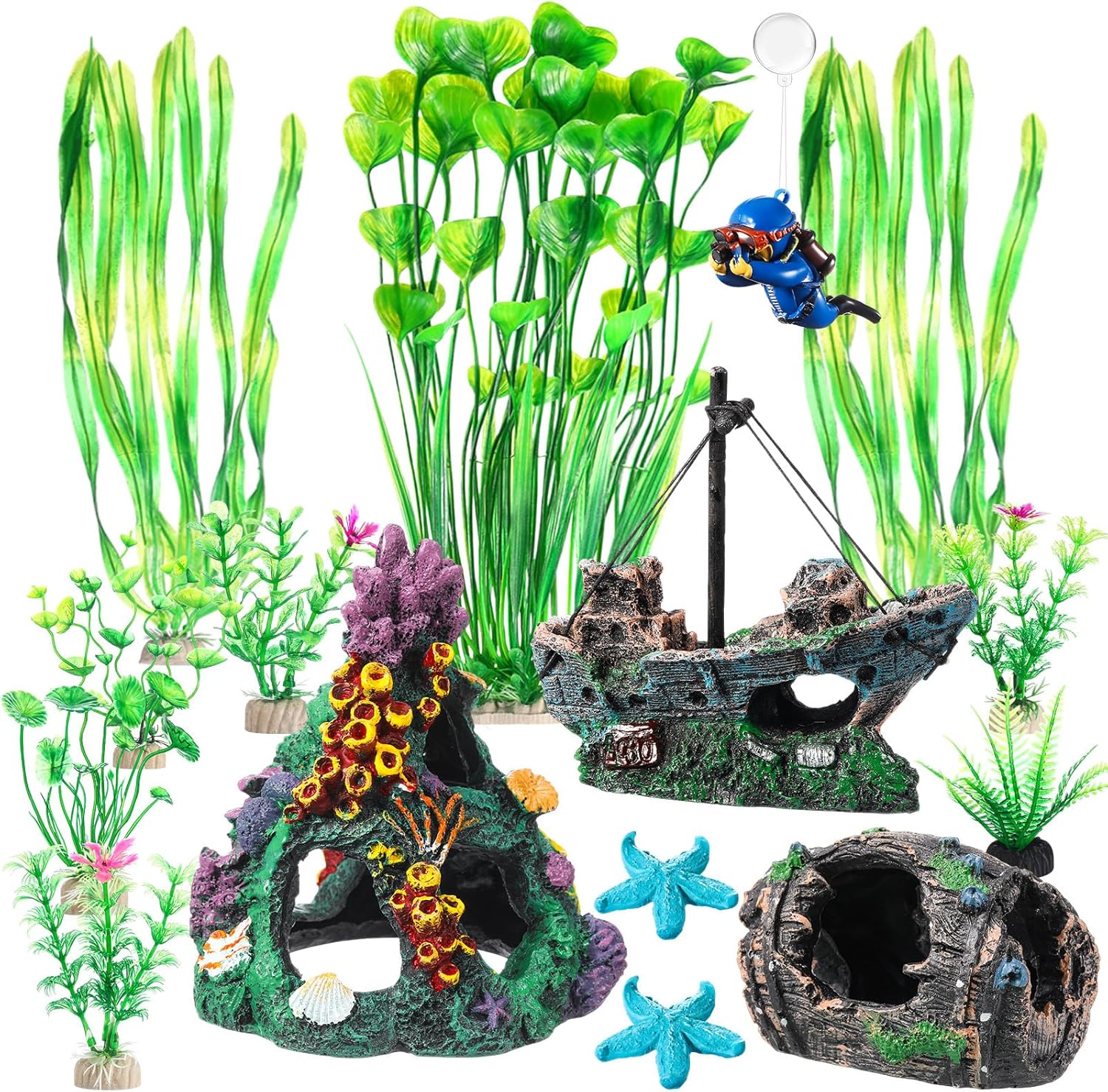 Zeyune 15 Pcs Fish Tank Decorations Mountain Ornament Broken Barrel Sunken Ship Artificial Seaweed Water Plants Colorful Coral Reef for Fish Bowl Aquarium Decor(Purple)