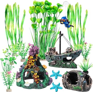 Zeyune 15 Pcs Fish Tank Decorations Mountain Ornament Broken Barrel Sunken Ship Artificial Seaweed Water Plants Colorful Coral Reef for Fish Bowl Aquarium Decor Green