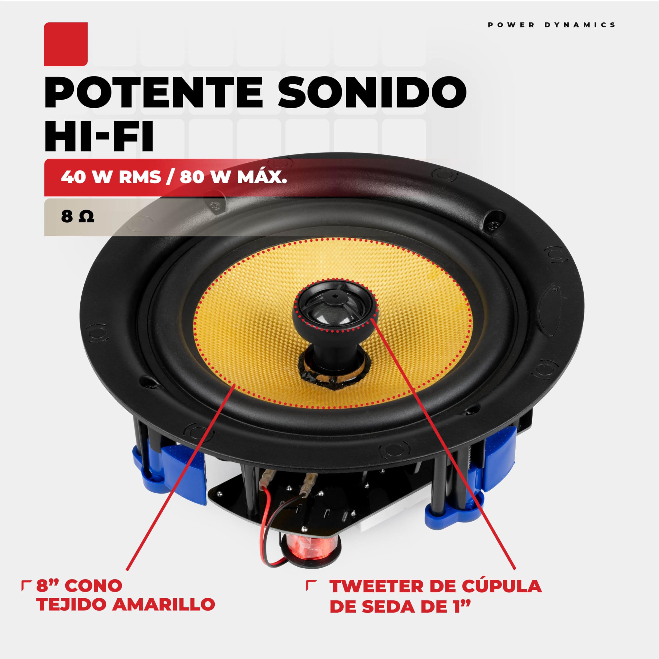 Power Dynamics KVCS8 Altavoz de Techo 8 Pulgadas 80W 8 Ohm 2 vías coaxial IP44 Resistente Humedad Rejilla magnética Blanca woofer Amarillo Tweeter Seda inclinable Sonido HiFi