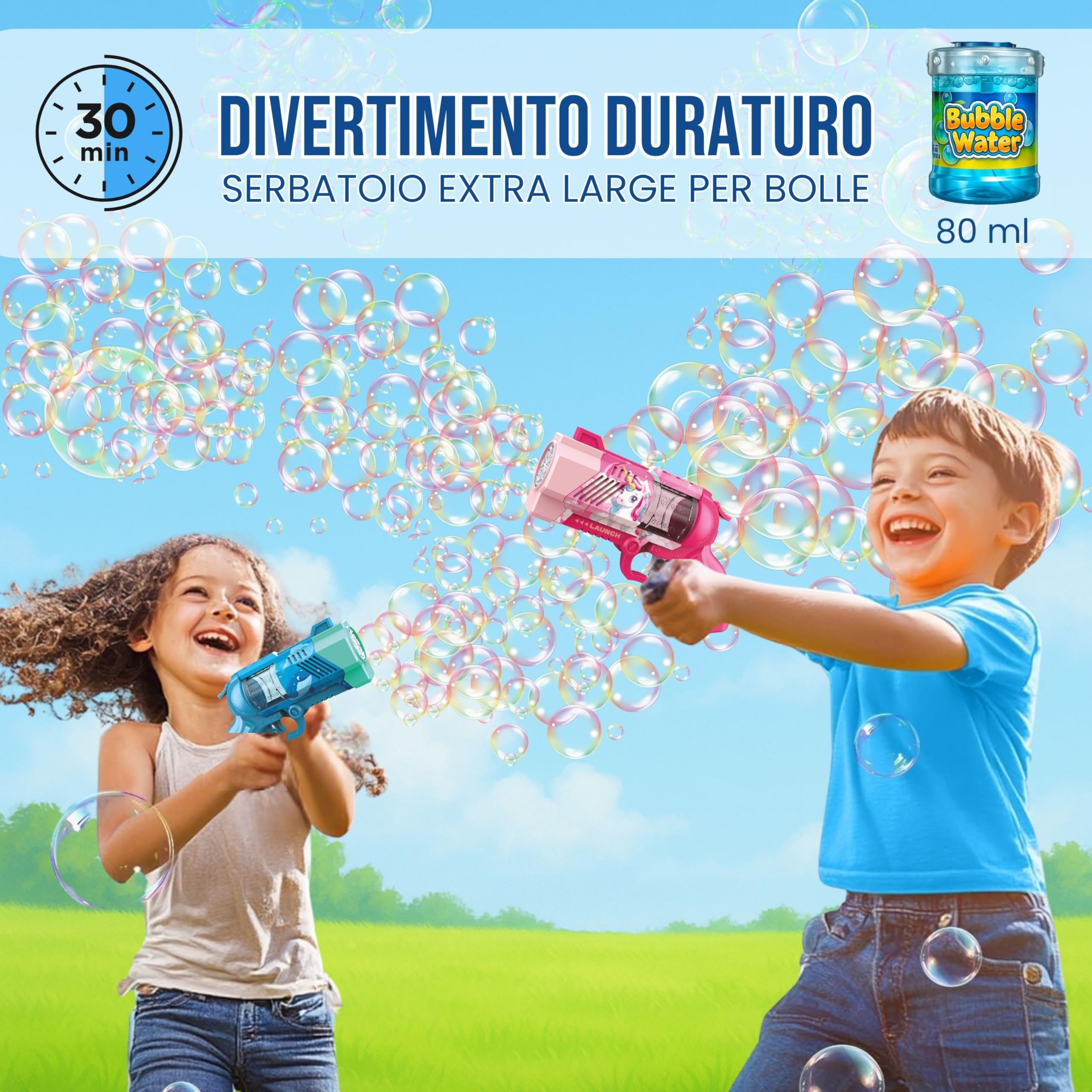 Blubbel Sparabolle di Sapone LED, Pistola Giochi, Macchina Automatica, Bubble Gun, Cannone d’Aria, Giocattolo Matrimonio, Regalo Estivo Bambini, 120ml Liquido Incluso