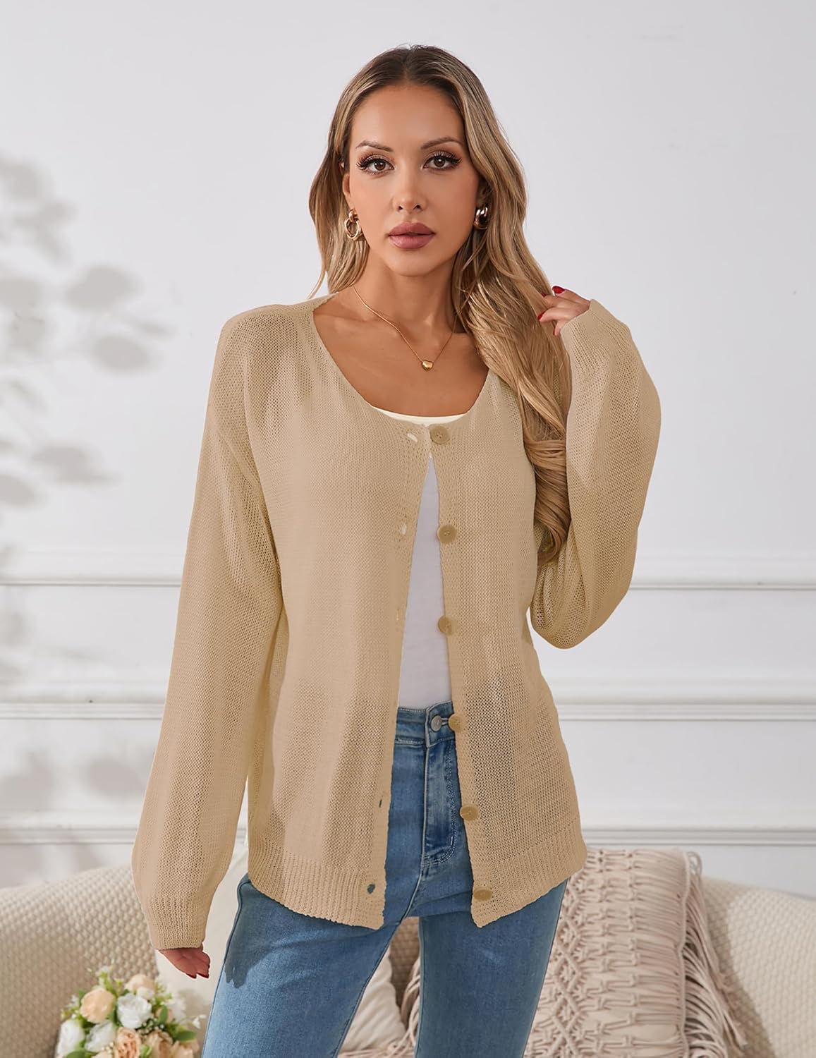 Womens Oversized Lightweight Sheer Button Cardigan Spring 2025 Trendy Solid Ribbed Knit Long Sleeve Thin Sweater - Image 4