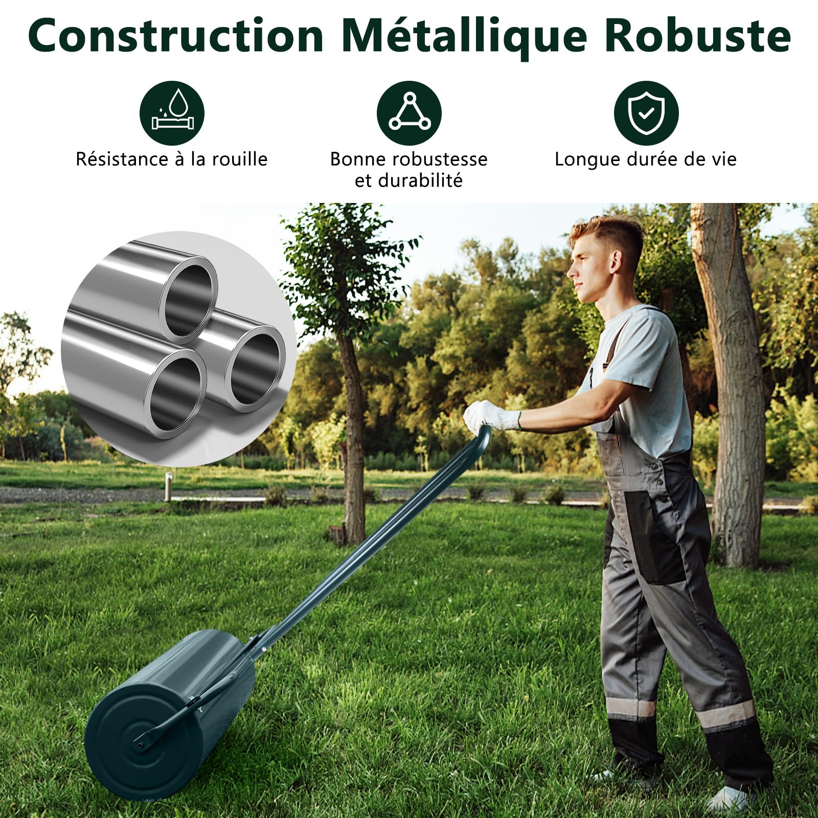RELAX4LIFE Rouleau à Gazon avec Réservoire pour Le Jardin, Construction en Acier avec Pare-Boue, Volume de Remplissage de Sable ou l’Eau : 48 L, φ32cm, Largeur 65 CM, Hauteur : 114 CM, Vert
