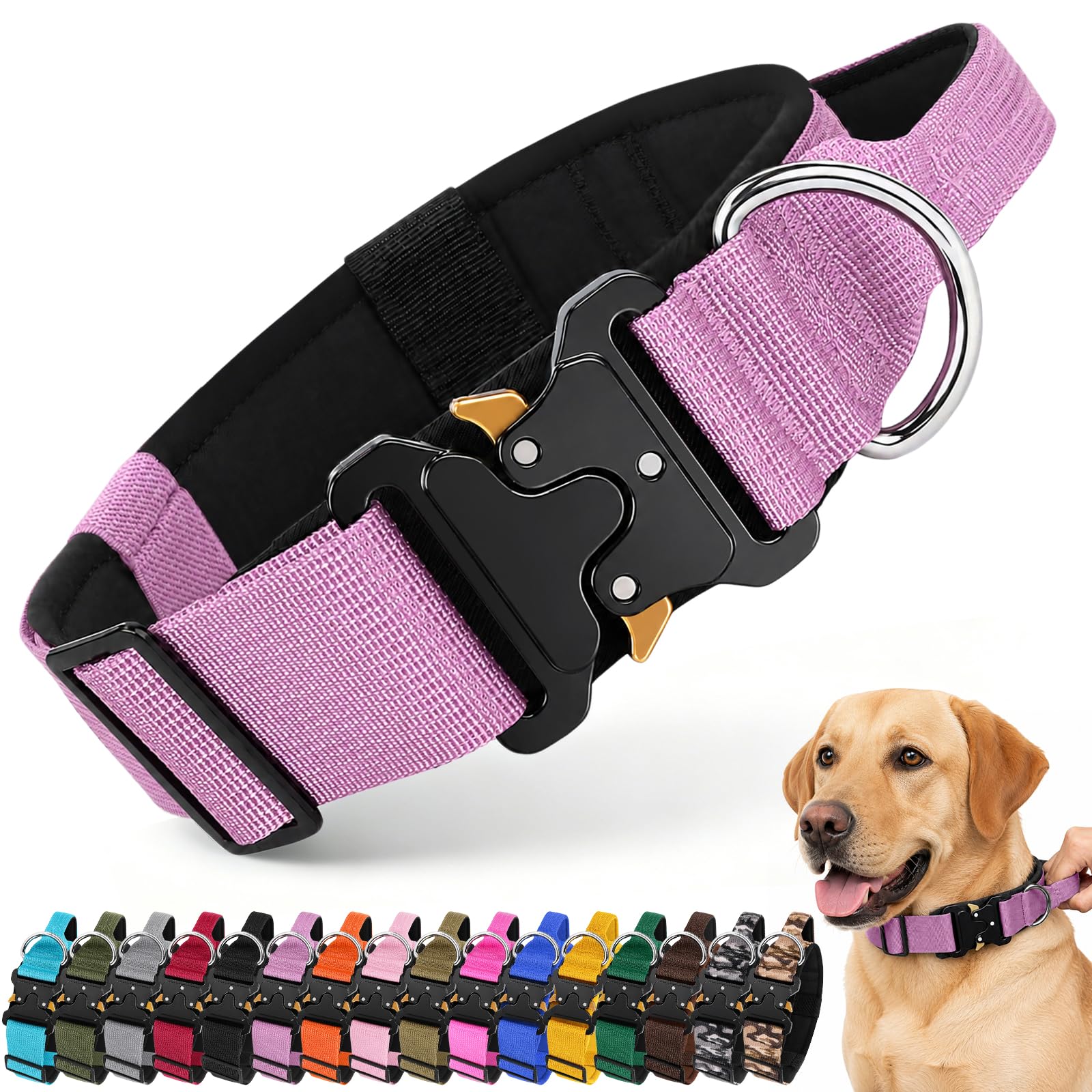 Tactical Dog Collar with Handle, Adjustable Military Training Nylon Dog Collar, Padded Breathable Comfortable Pet Collar with Metal Buckle for Medium and Large Dogs Hunting Outdoors (Purple, L)