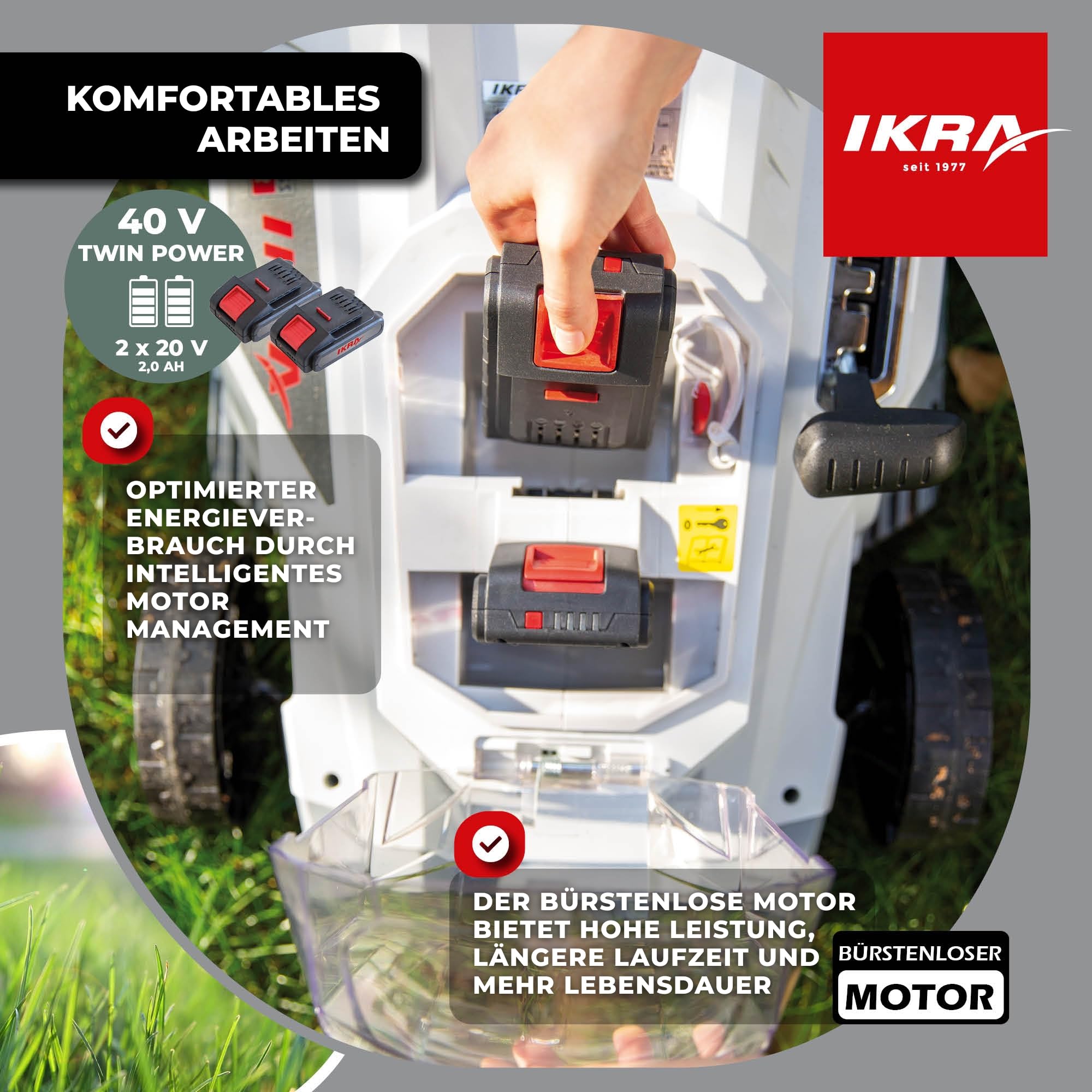 IKRA Rasenmäher ICM 2/2037, Breite 37cm, inkl. 2 Akkus 20V & Ladegerät | Schnitthöhe 25-75mm, Mulchmäher für Rasenflächen bis 250m², Holm höhenverstellbar, Fangsack 40l, 20V-Akku-Familie von IKRA