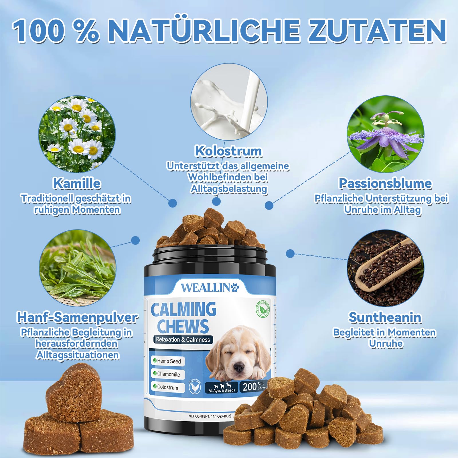 WEALLIN Beruhigungsmittel für Hunde 200 Kaubleck Natürliche Beruhigungs Snacks für Hunde, Unterstützt das Gleichgewicht bei Trennung, Unruhe, Reisen, Gewitter Für alle Rassen & Größen Huhn Geschmack